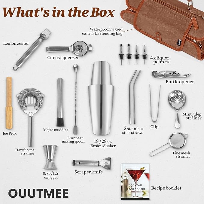 Kit de Bartender Portátil con Set de Coctelera de 22 Piezas, Bolsa de Lona Encerada miniatura 6