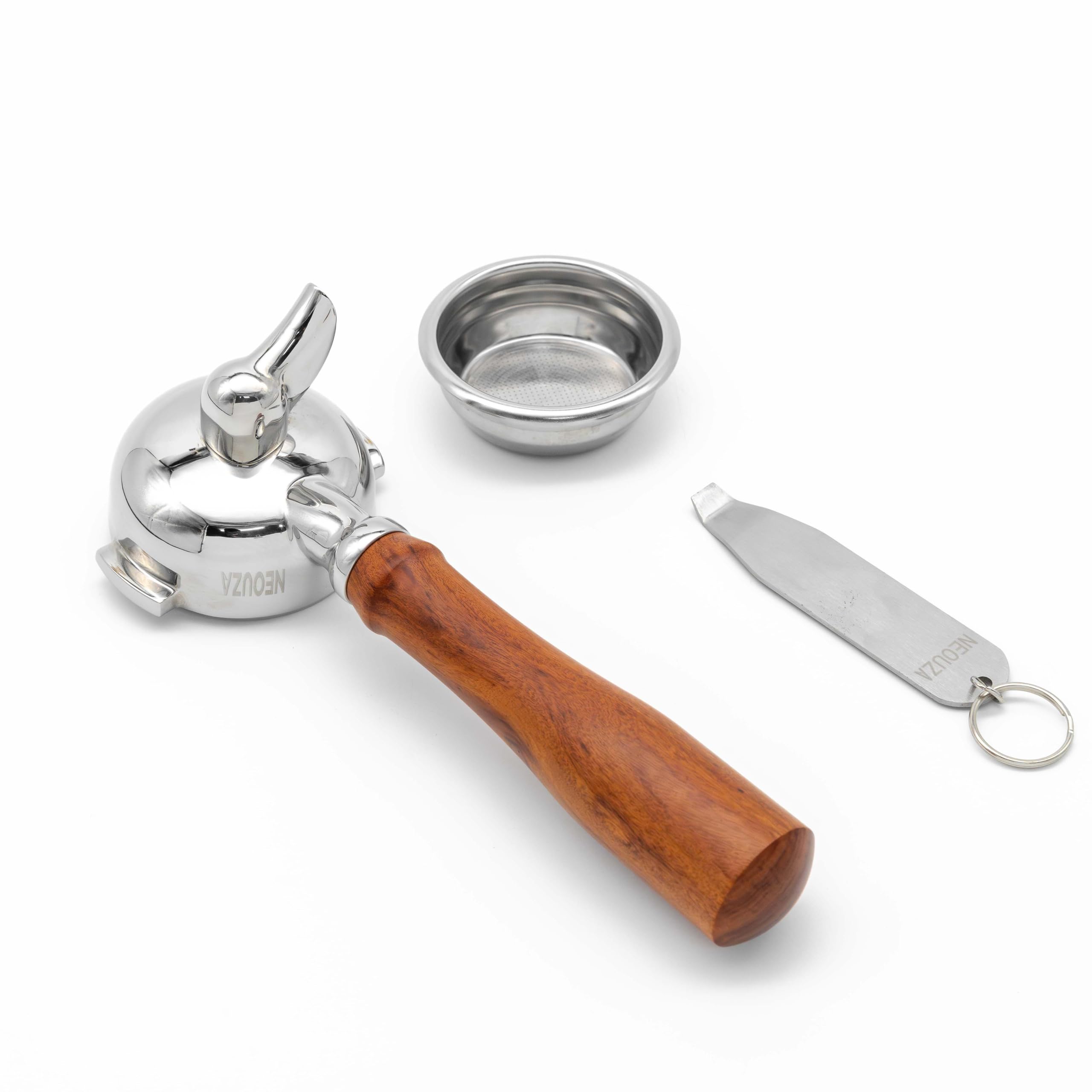 NEOUZA Portafiltro espresso de 58 mm compatible con cafetera E61, cesta no presurizada, boquilla única, herramienta de extracción de cestas