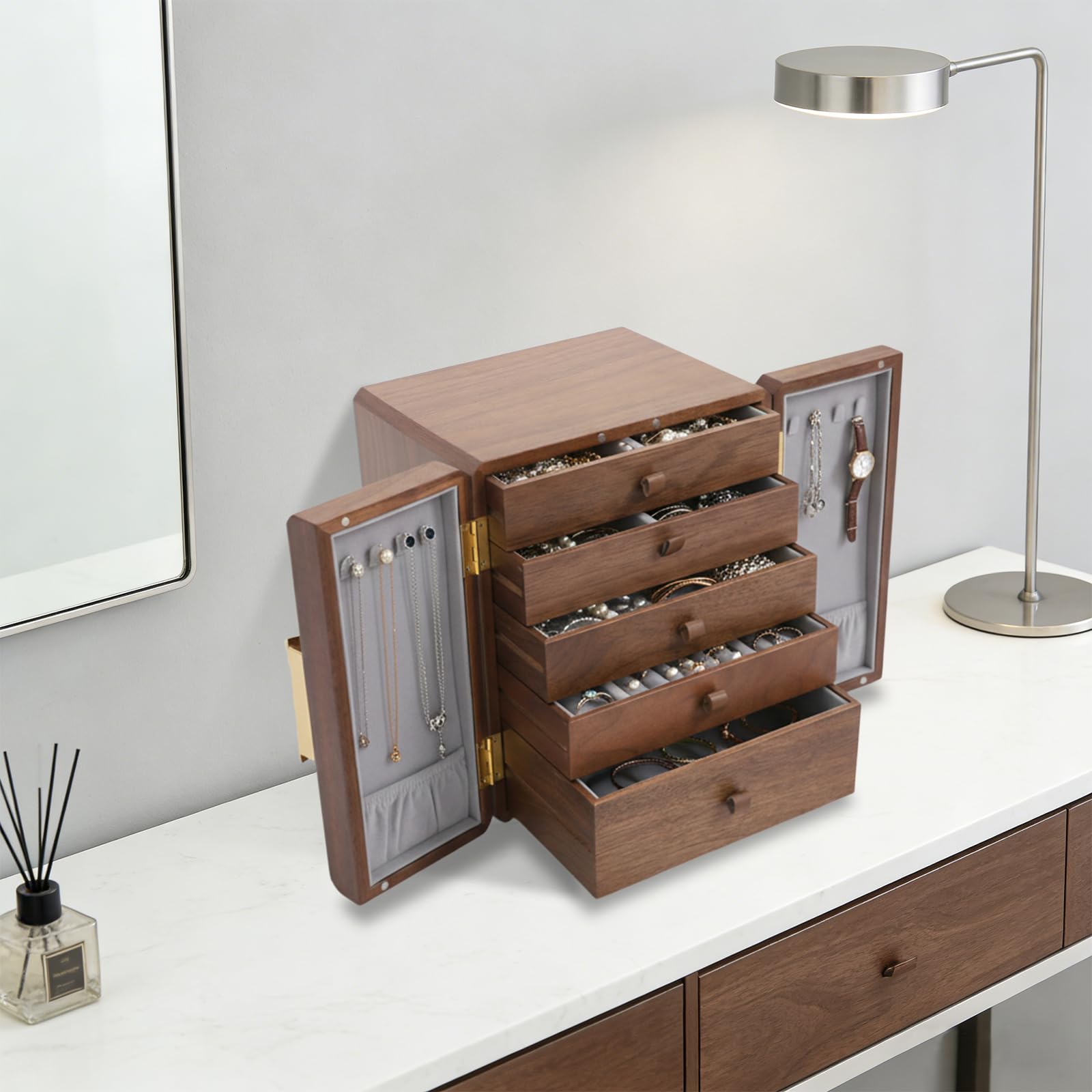 Drewniana szkatułka na biżuterię w stylu vintage, z 5 szufladami, organizer na biżuterię, duża szkatułka na biżuterię, na pierścionki, naszyjniki, kolczyki, bransoletki, bransoletki