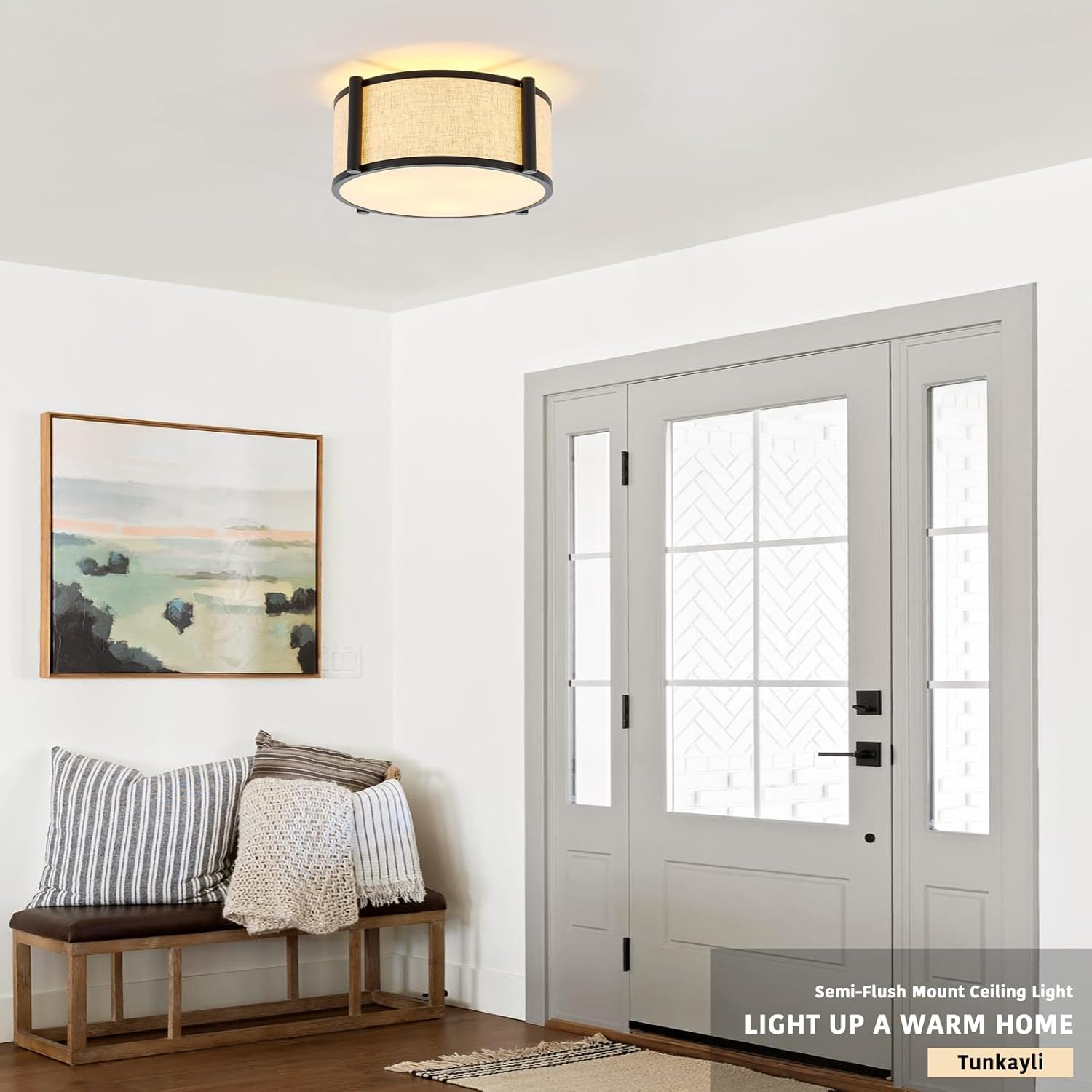 13" Semi Flush Mount Ceiling Light Modern 3-Lights Black Drum Ceiling Light Fixture with Fabric Linen Shade, Vintage Modern Ceiling Lighting for Laundry Room, Kitchen, Basement, Bedroom