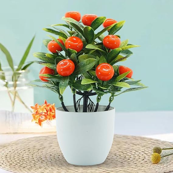 MagiDeal Mini Fake Plant Artificial Potted Plants Creative Bonsai Fake Flowers Plant Fake Fruit Tree for Indoor Bedroom Bathroom Shelf, Orange