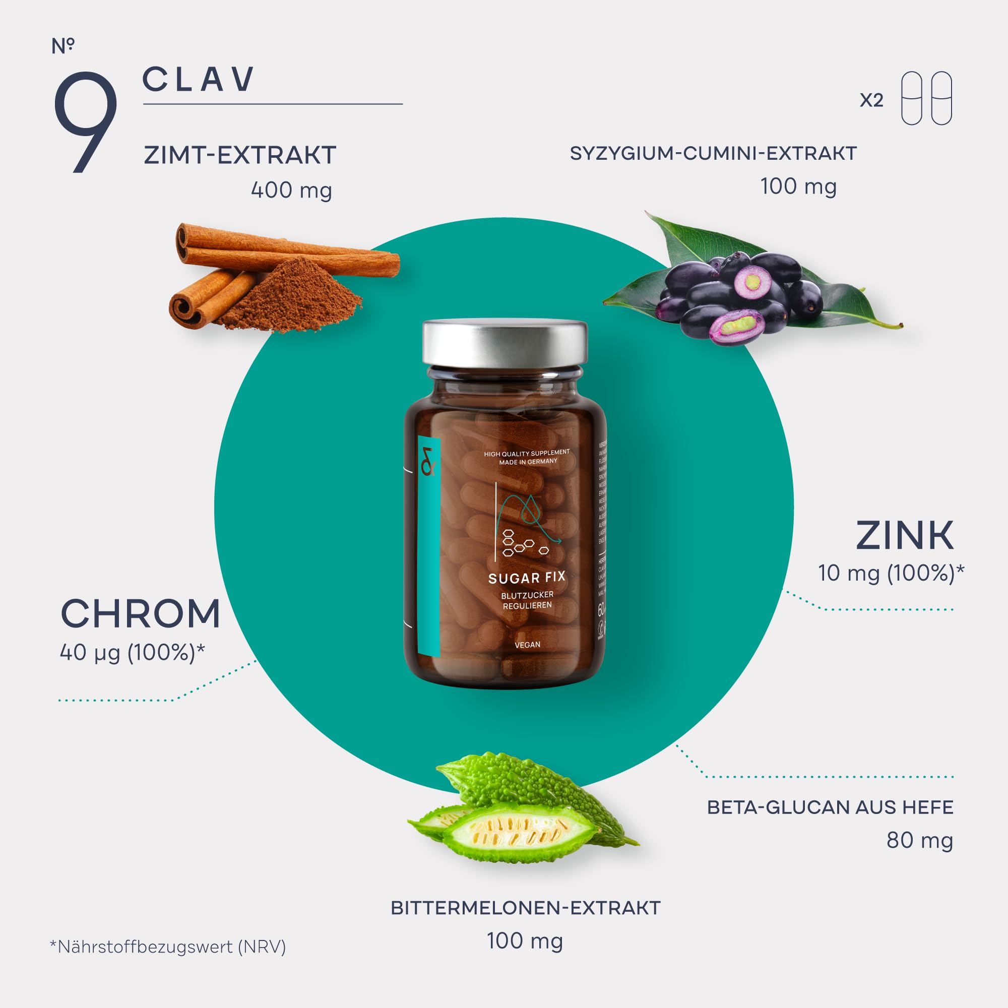 CLAV® Superfood Set, N°3 Active + N°9 Sugar Fix, Stoffwechsel & Blutzucker | Für Stoffwechsel & Blutzucker, mit L-Carnitin, Guarana, Zimt-Extrakt, Chrom & Zink, Laborgeprüft, im Apothekerglas, Vegan