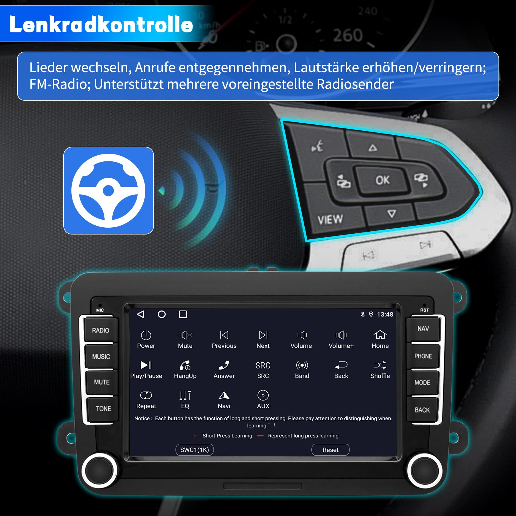 Autoradio für VW Passat Golf Polo Caddy Bettle Touran Tiguan Jetta Seat Skoda, Android 12 System 2G+64G, 7 Zoll Touchscreen Carplay Android Auto Bildschirm GPS Navi WiFi Bluetooth FM RDS Radio