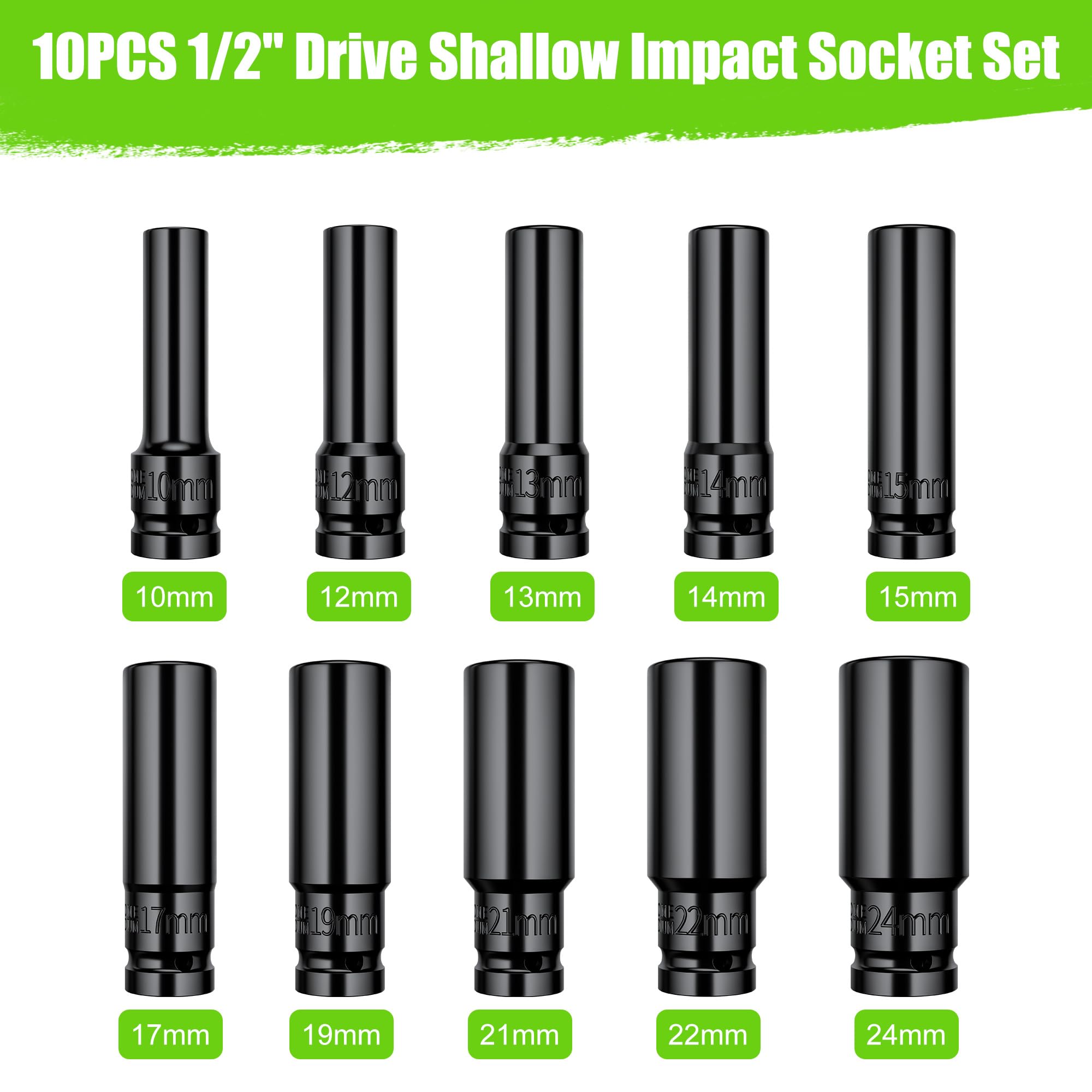Condition photo showing New/Like New for 10-piece 1/2'' drive impact socket set metric – 6 point deep well cr-v sockets (10mm-24mm) with blow-molded case for pneumatic & electric tools