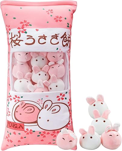 Juexica Linda almohada de peluche de conejito Kawaii de peluche rosa suave conejo almohada extraíble juguetes de animales regalos para decoración de