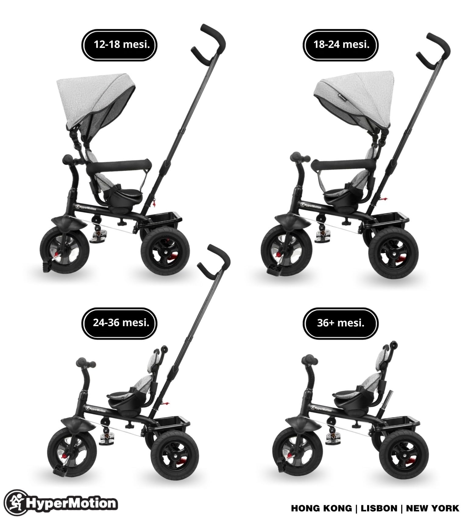 HyperMotion Triciclo Pieghevole per Bambini 1-4 Anni con Manubrio per Genitori - Bicicletta Evolutiva fino a 20kg - Monopattino Bambino Regolabile con Struttura Ergonomica, Grigio