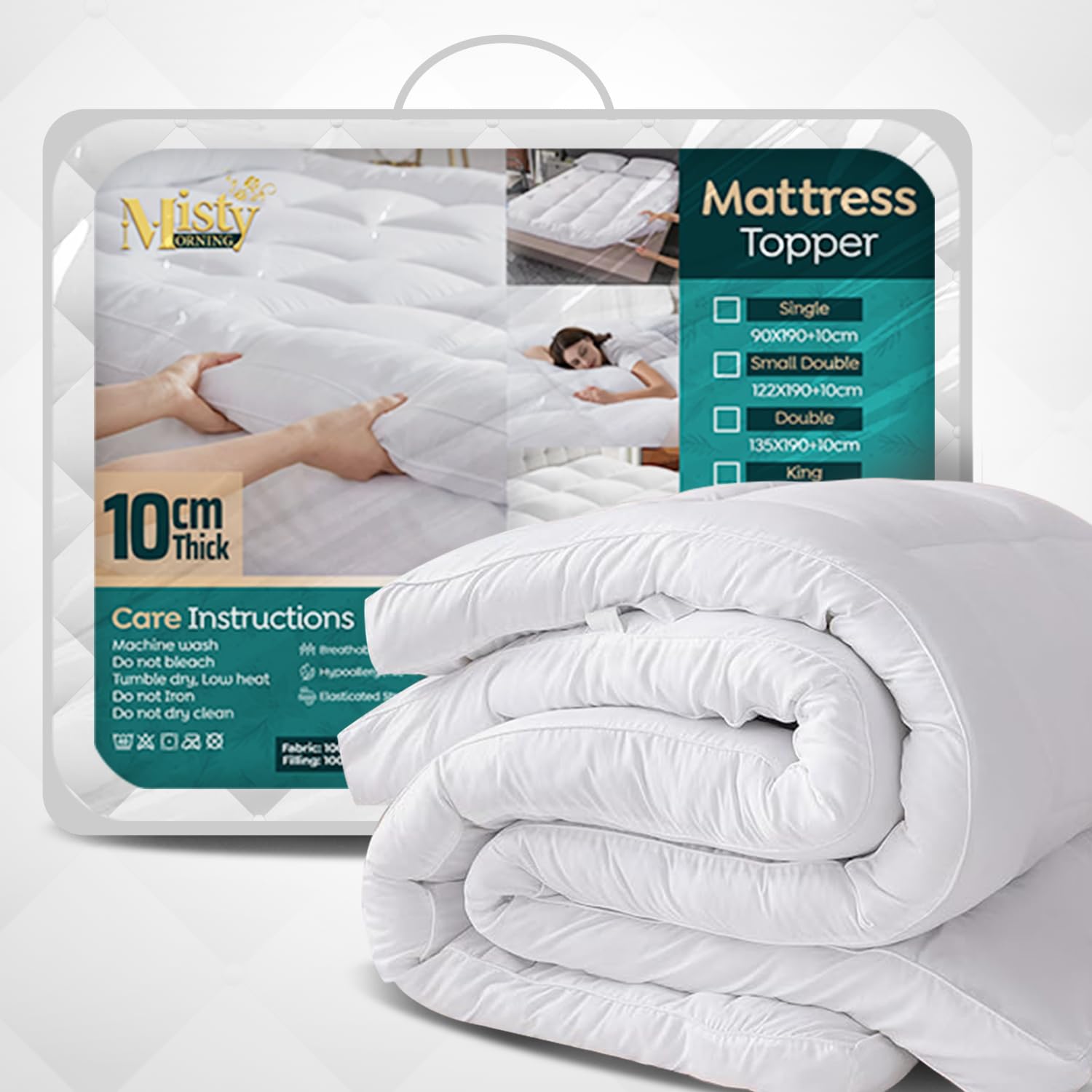 MistyMorning Surmatelas pour petit lit double 10 cm - Qualité hôtelière, ultra-doux, hypoallergénique, remplissage abondant en microfibre, sangles élastiques - Protection anti-acariens (Petit double