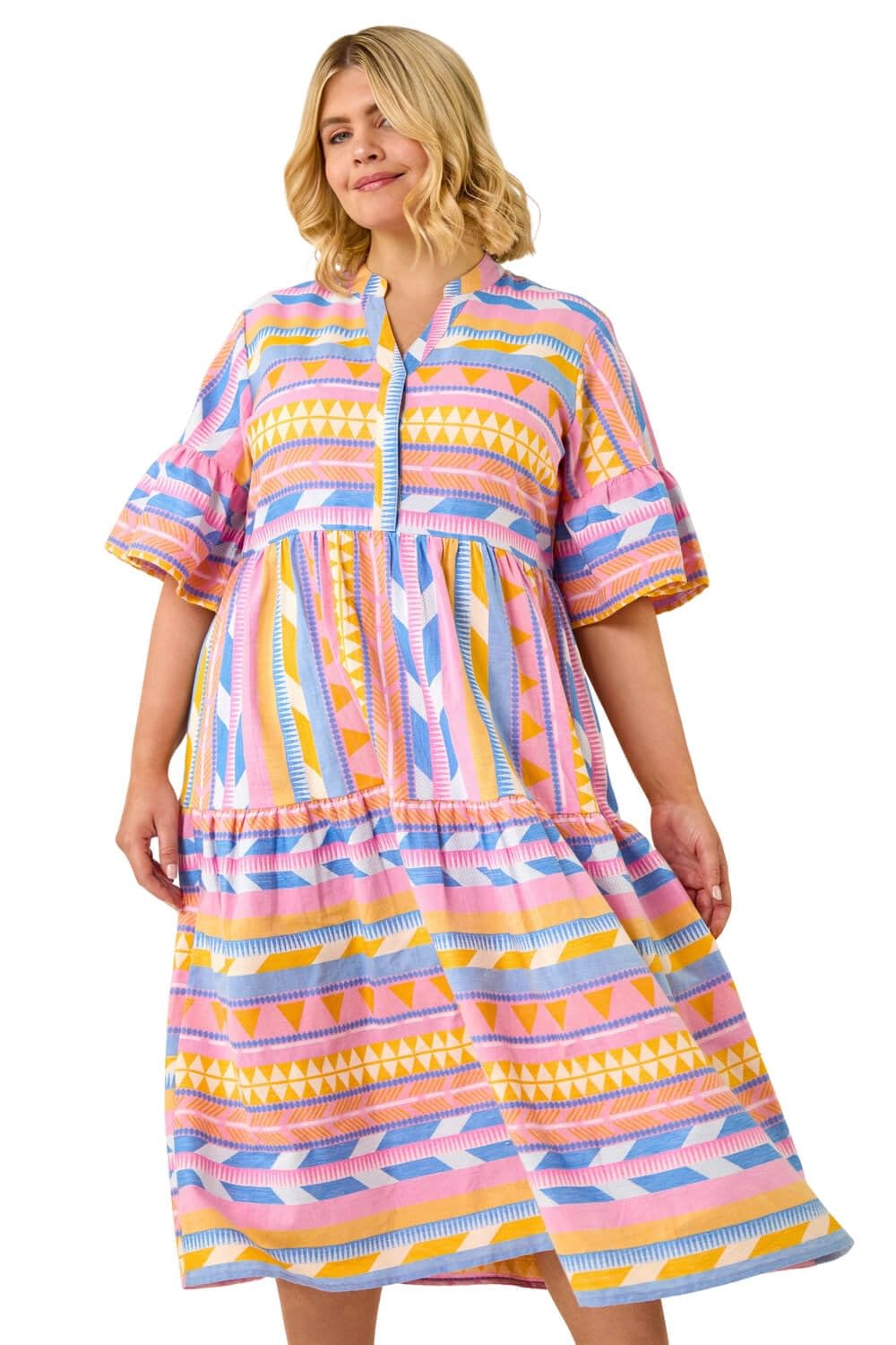 Roman Women's Curve Stripe Print Boho Tiered Dress in Yellow | Size: 18