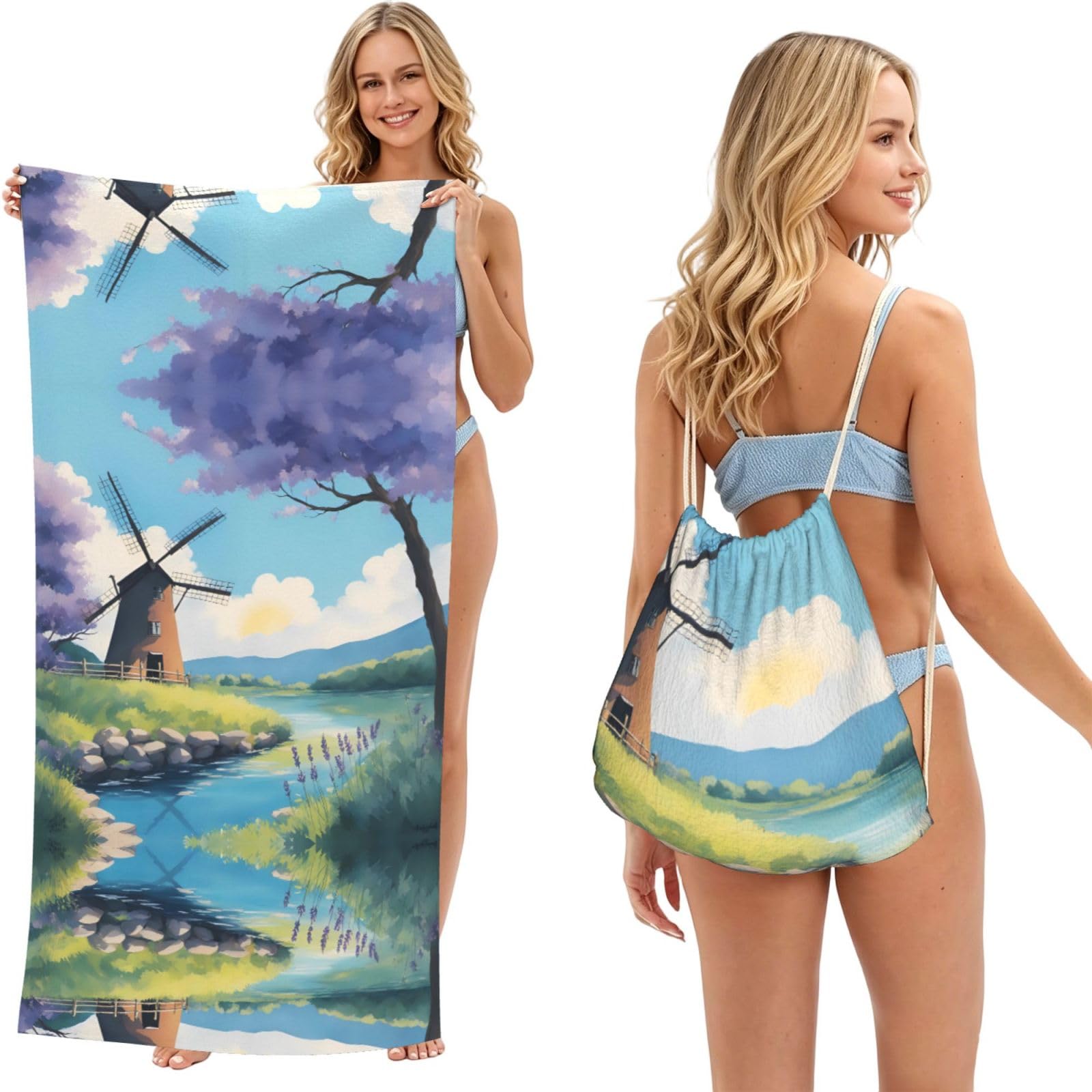 SXZVVBN beautiful river windmill 2-in-1 Beach Towel Bag, Quick Dry Sand Free Travel Towel Backpack for Adults