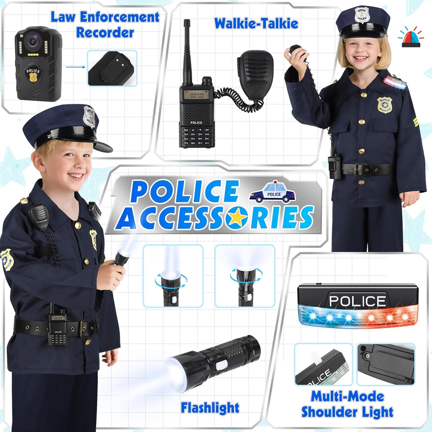 IVENRXIU Police Costume for Kids, Cop Pretend Play Toys for Dress Up, Role Play Set with Handcuffs, Flashlight, Police Badge for Kids Boys and Girls 3-8, Halloween Costumes, Birthday Christmas Gifts