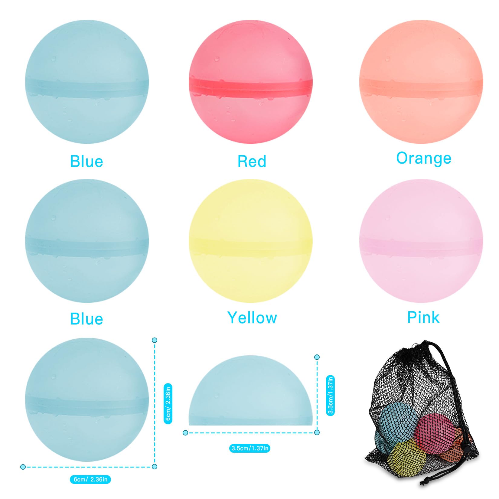 6 Pcs Globos de Agua Reutilizables de Silicona, Bombas de Agua Silicona Reutilizables, Bolas de Aguas Automático para Guerras de Pplaya, Piscina y Fiestas en Jardín (6,5 cm) — view 2