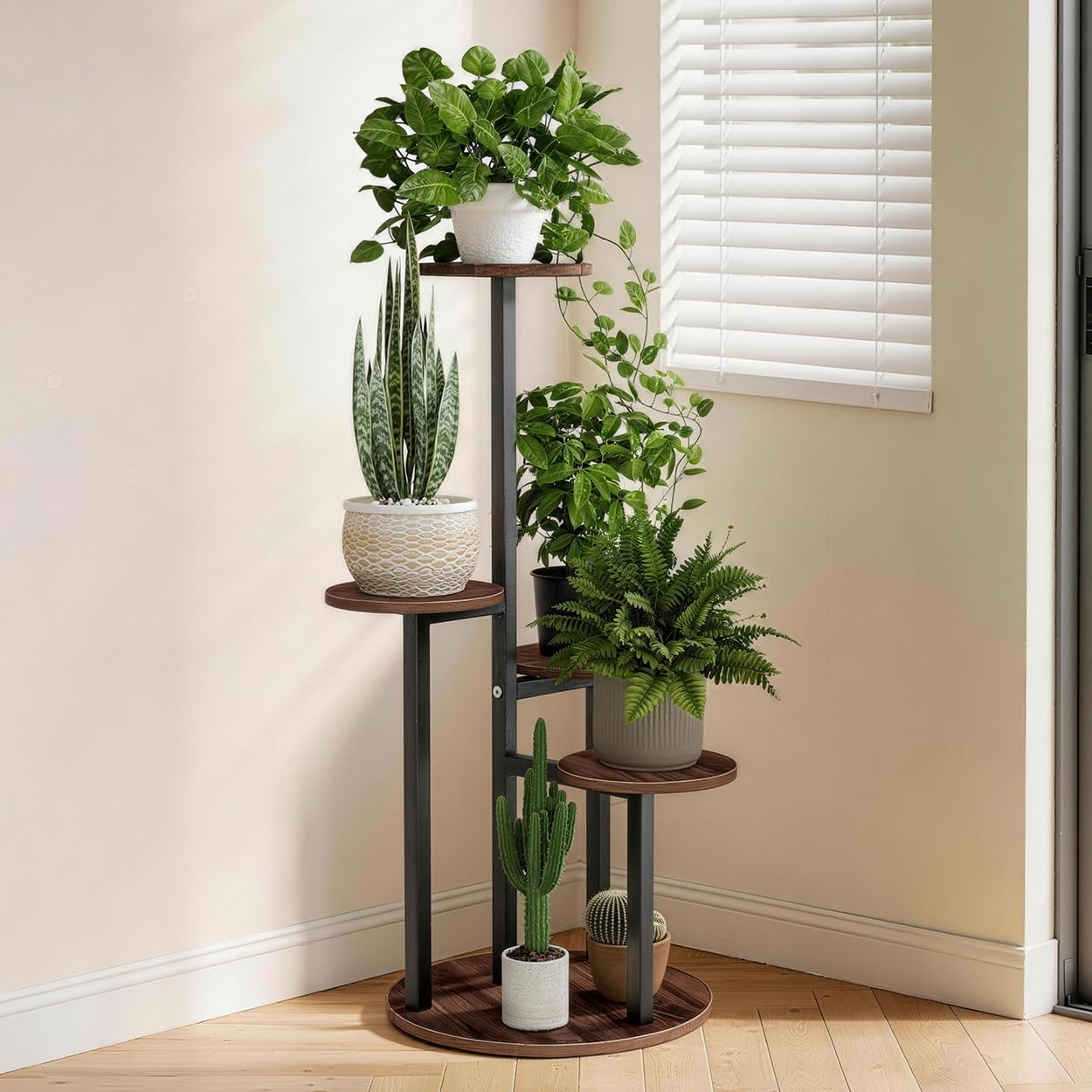 Infant Shining Plant Stand, indoor &outdoor plant stand for multiple plant,Multi functional plant stand,Suitable for living room, bathroom, balcony (Circular-5 Tier Walnut&Black)