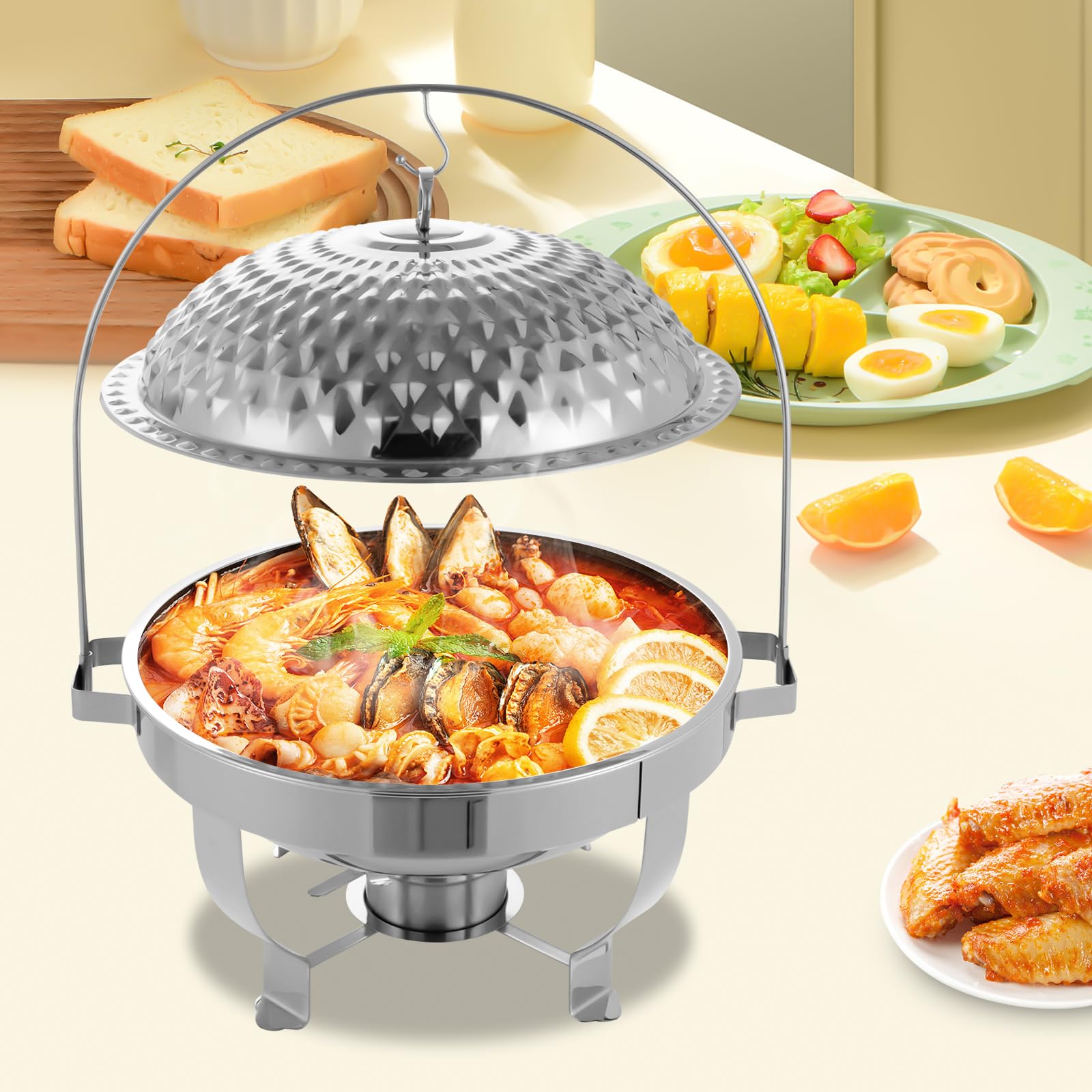 Chafing Dish Buffet Set, Stainless Steel Round Chafers for Catering with Glass Viewing Lid & Lid Holder, Buffet Warmers Sets for Parties, Events, Wedding, Camping, Dinner (Silver, 8.5QT-1 Pack)