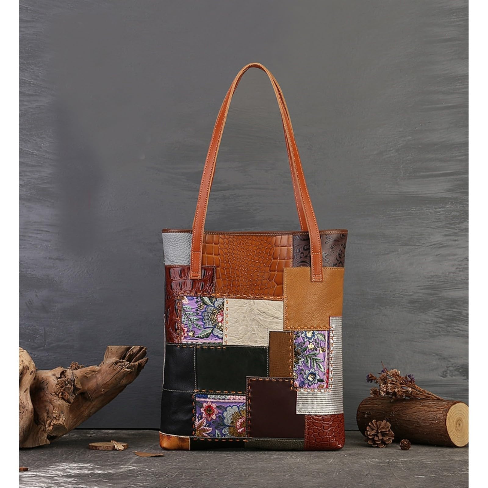 HJDMO Borsa a tracolla in vera pelle per le donne di grande capacità con tasche multiple chiusura a bottone magnetico borsa con design patchwork
