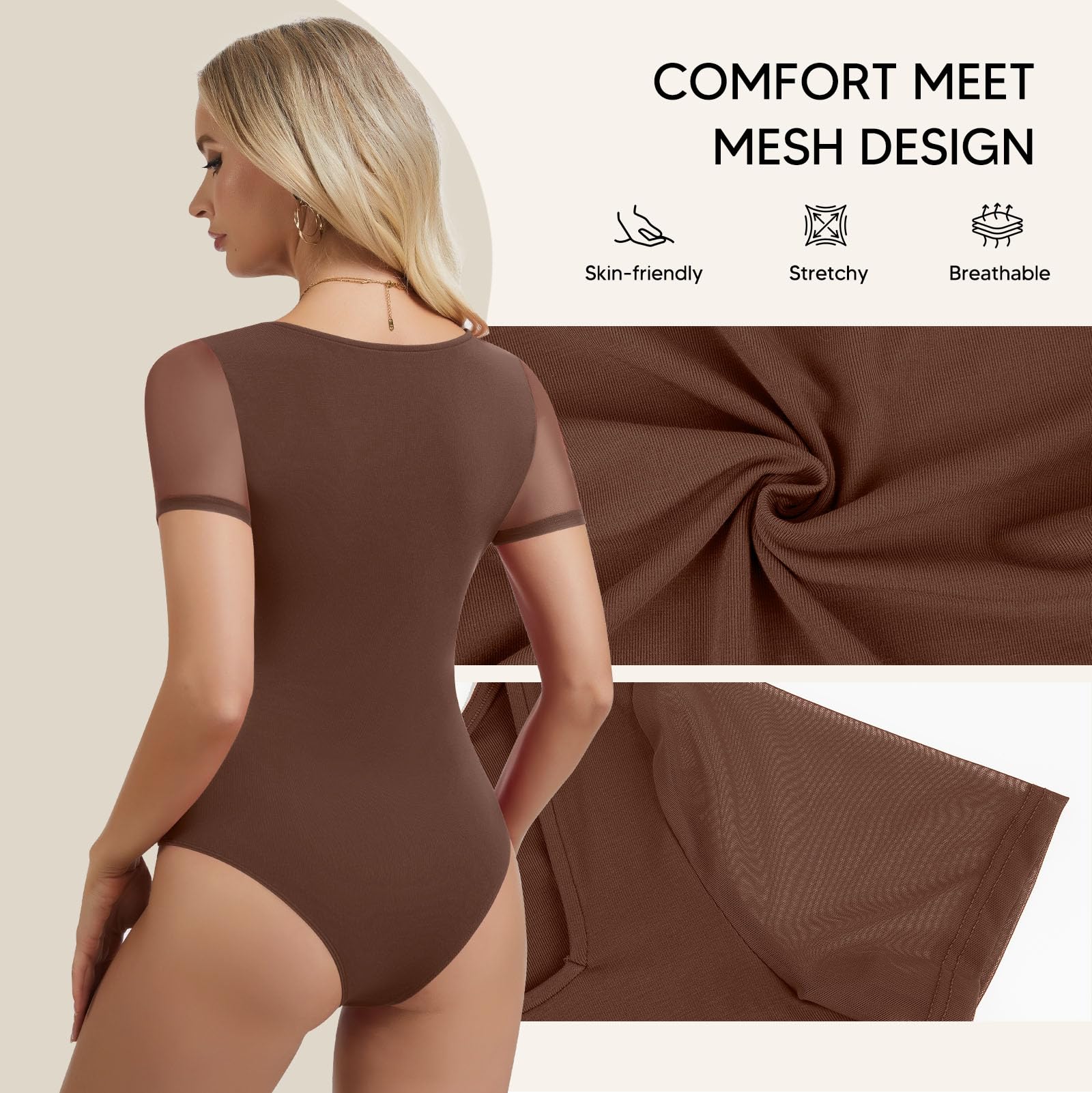 Joyshaper Body Damen Kurzarm Eckiger Ausschnitt Stringbody Netz Damenbody Tshirt Elegant Bodysuit Sommer Oberteil