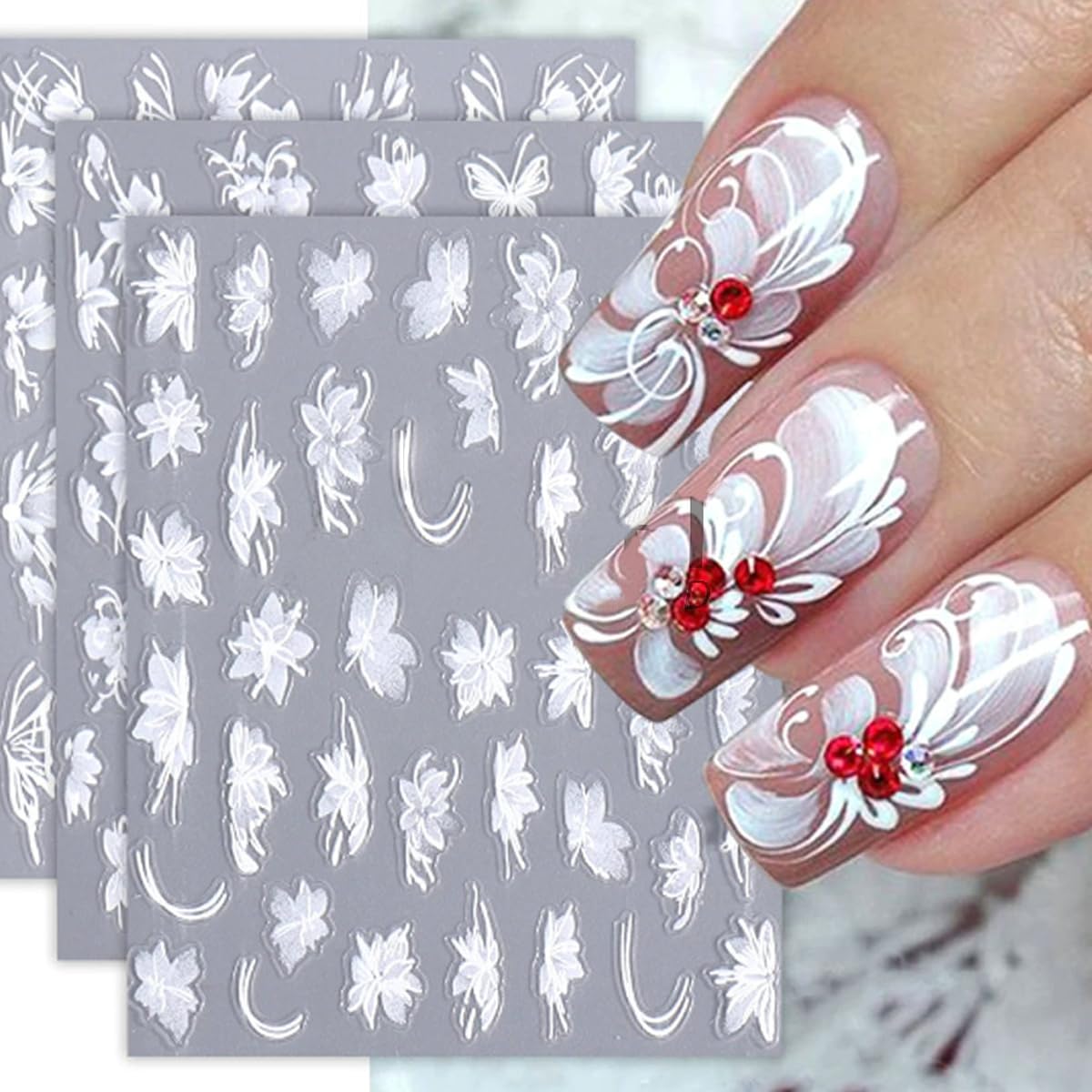 6 Sheets Flower Nail Art Stickers Decals 5D Embossed Nail Decals White Floral Butterfly Nail Supplies 3D Self-Adhesive Flowers Nail Design Nail Sticker Flower Stickers for Nails Women Nail Decorations