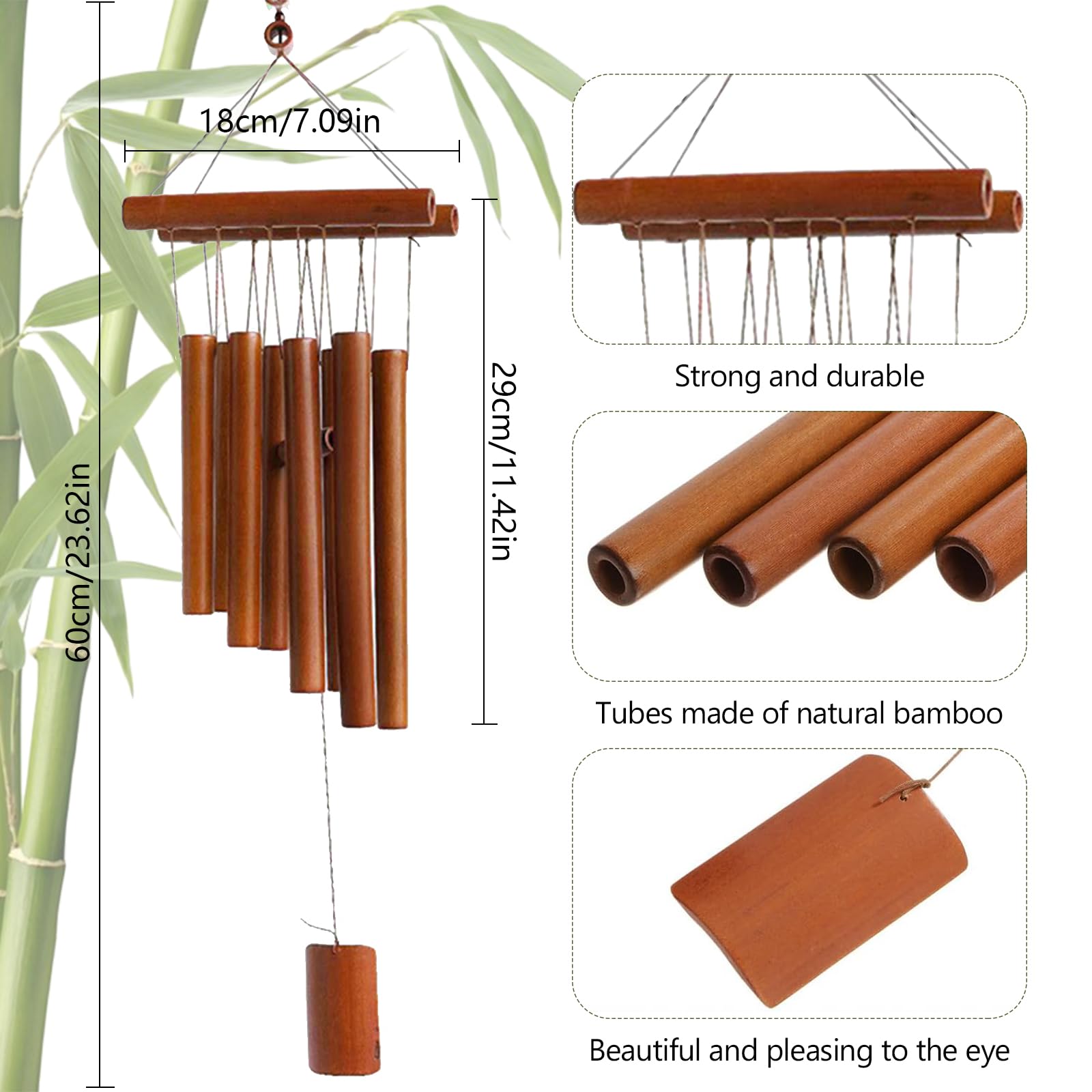 Campanillas de Viento, Campas de Viento de Bambú, Campanillas de Eólica Colgantes, Carrillón de Madera para Exteriores e Interiores, para Terraza, Jardín, Balcón, Patio, Color de la Madera