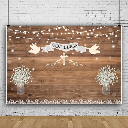 Miniatura 6 de Leyiyi Telón de fondo de 5 x 3 pies con diseño de cruz de bautismo de comunión con diseño de cruz de madera rústica, fondo de fotografía, flores