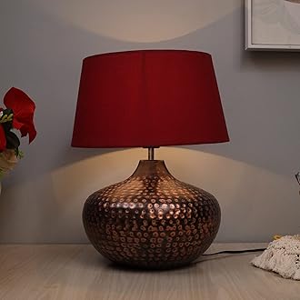 Homesake Antique Table Lamp Incandescent Hammered Oil-Rubbed Bronze Metal Linen Drum Shade For Living Room Family Bedroom, (Gourd, Red)
