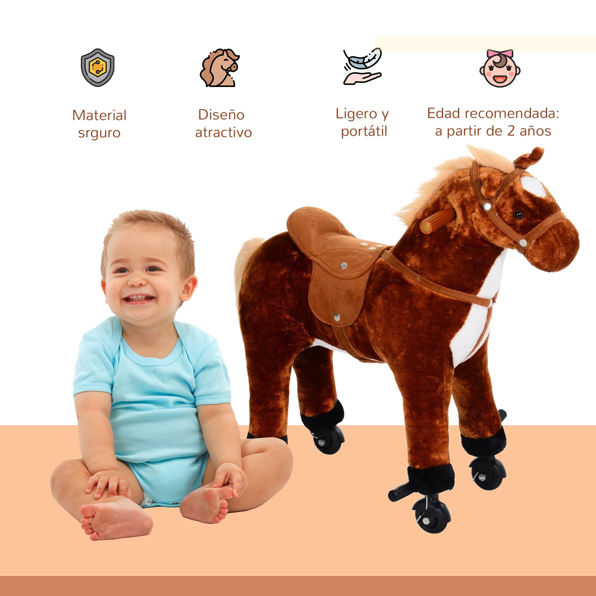 HOMCOM Caballo de Juguete para Niños de +2 Años Caballo de Juguete con Ruedas Sonidos y Estructura de Metal Carga 60kg 65x28x75 cm Marrón