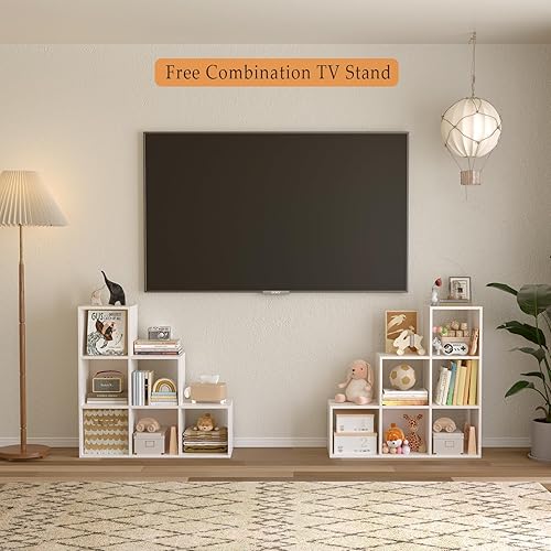 Miniatura 5 de Ladder Cube Storage Bookcase - Wooden L-Shaped 3-Tier Corner Shelf, Reversible 6-Cube Organizer for Home & Office, White