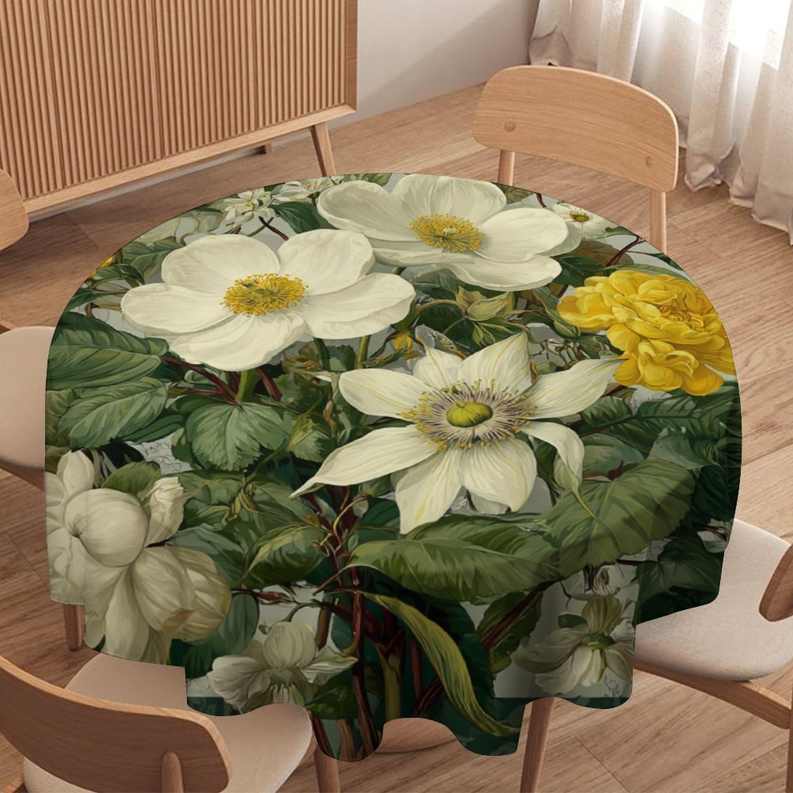 LUYYSKY Beautiful Elegant Green Floral Round Tablecloth Vintage Funny Botanical Plant Green Flowers Leaves Pattern Washable Decor for Table Cover for Kitchen-127 Wx127 L cm