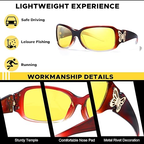 Miniatura 4 de LVIOE Gafas polarizadas de visión nocturna para mujer, lentes tintados amarillos con decoración de mariposa para conducción nocturna