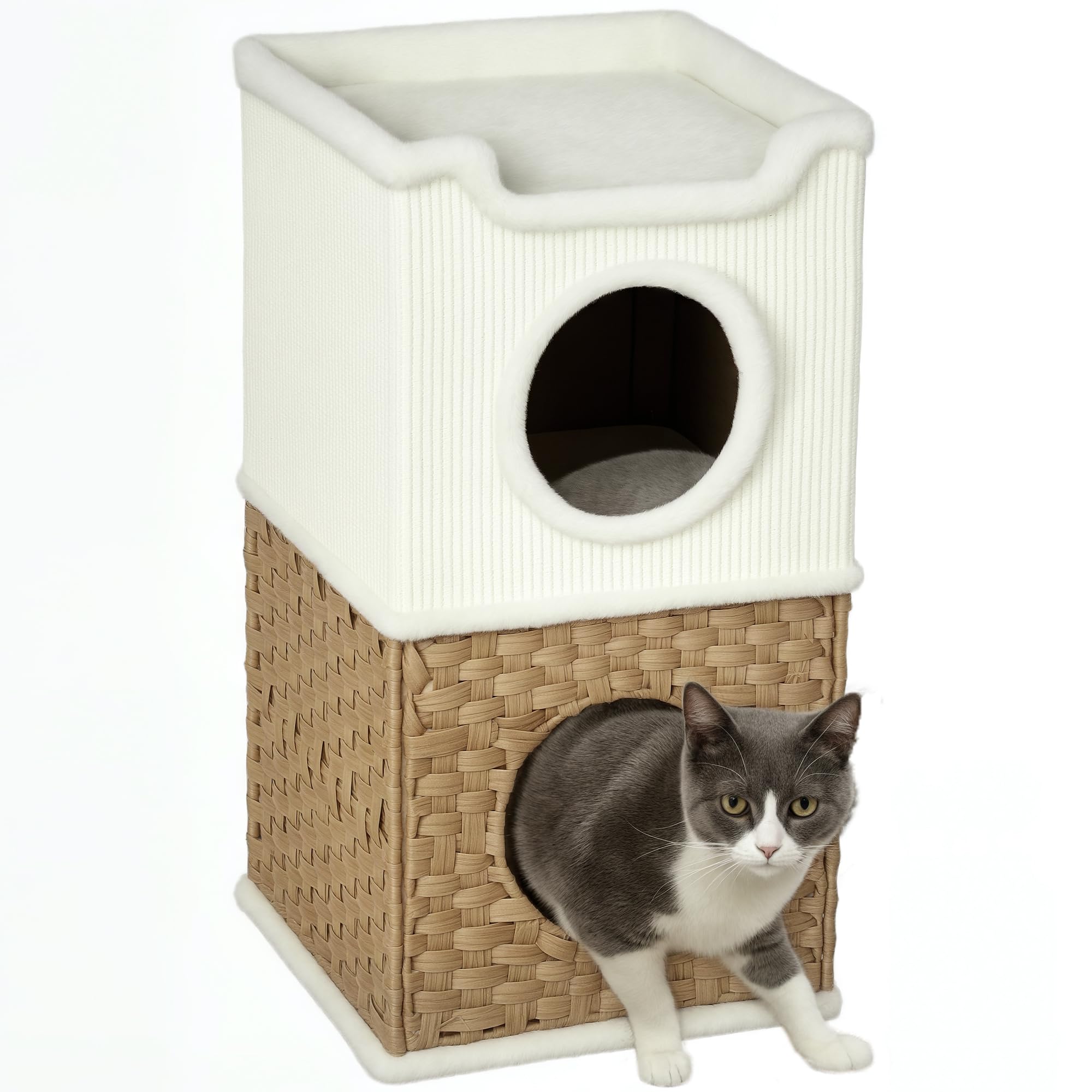 PawHut Domowa budka dla kota z 3 poziomami, wieża dla kota z otwartą górną tacą, beczka do drapania z sizalu dla zwierząt poniżej 6 kg, 41 x 41 x 75,5 cm, kremowa