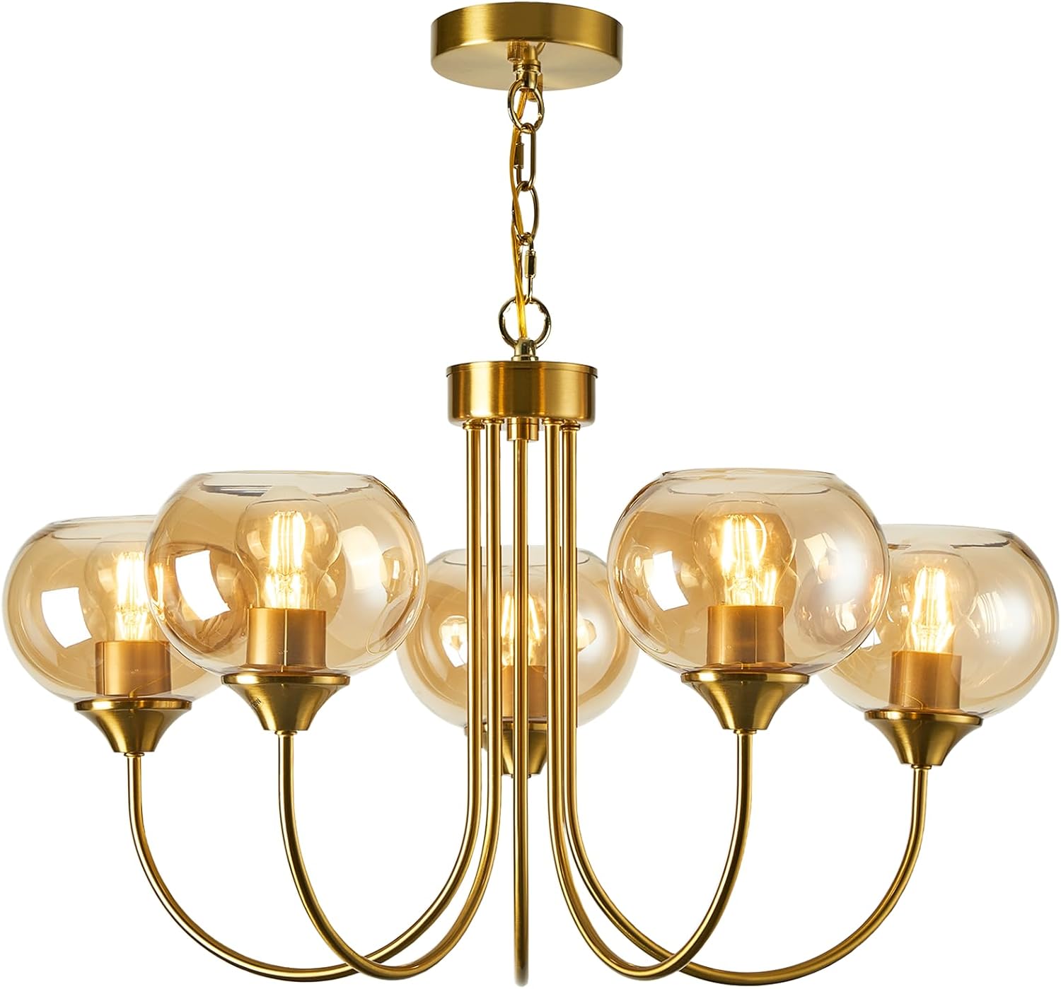 Modern Globe Sputnik Chandelier - 5-Light Amber Glass Vintage Chandeliers Mid Century Brass Gold Dining Room Hanging Pendant Light Fixtures for Kitchen Living Room Bedroom Foyer Amber 5-Light