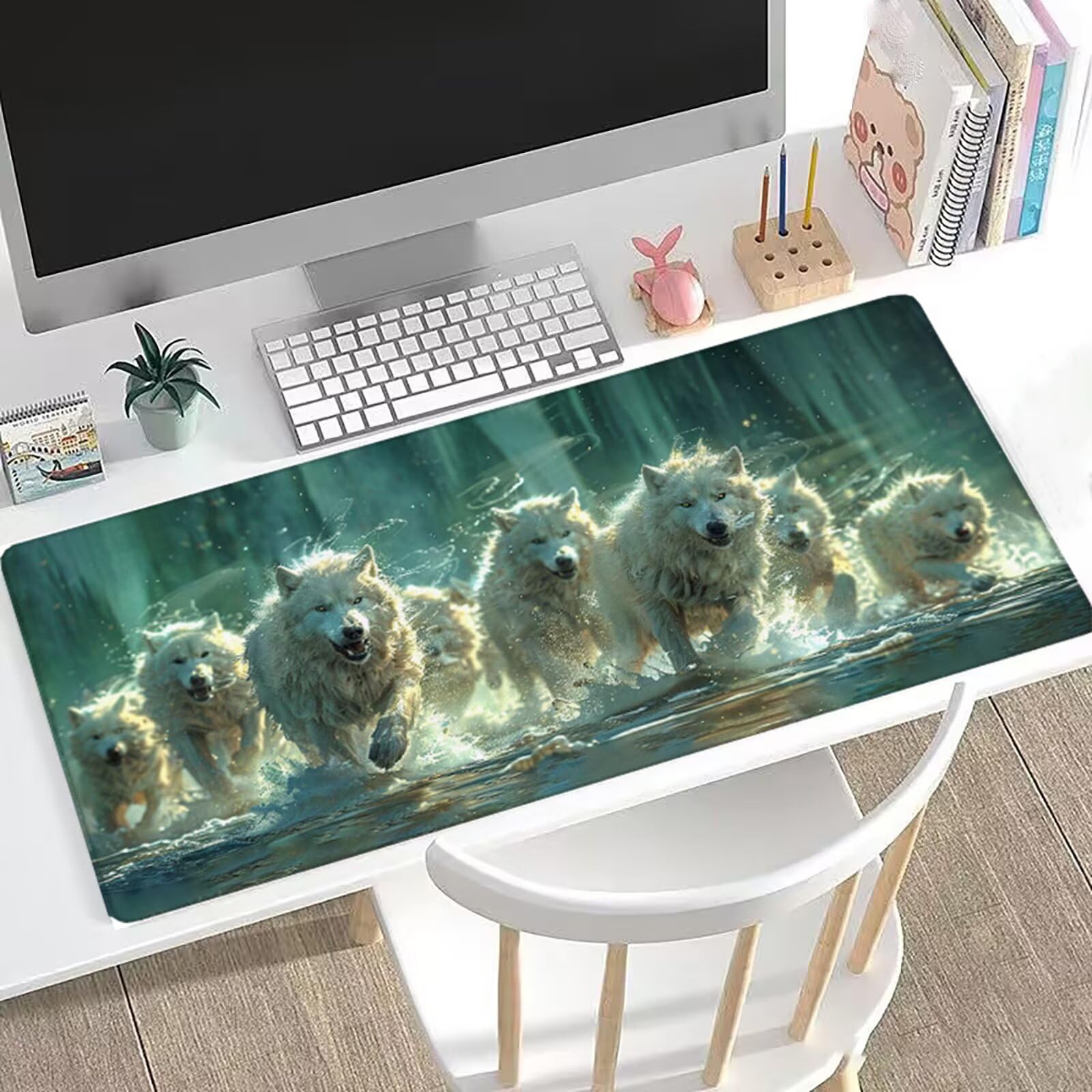 XXL Tappetino Mouse 1500x800 mm Gaming Lupo Sottomano Scrivania Ufficio, Bianco Mousepad Antiscivolo con Base Stabile, Tappeto per Mouse e Tastiera, Accessori Scrivania Gaming, Lavoro Creativo H0-1053