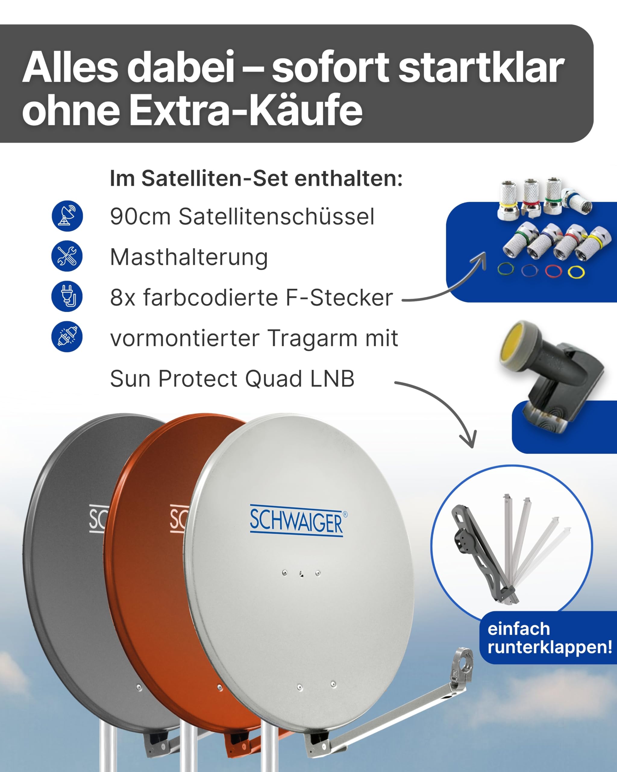 SCHWAIGER Satellitenschüssel Komplettset Ø 88 cm Aluminium Offset Antenne Anthrazit Quad LNB 4-Fach Digital HD 4K Empfang wetterfest