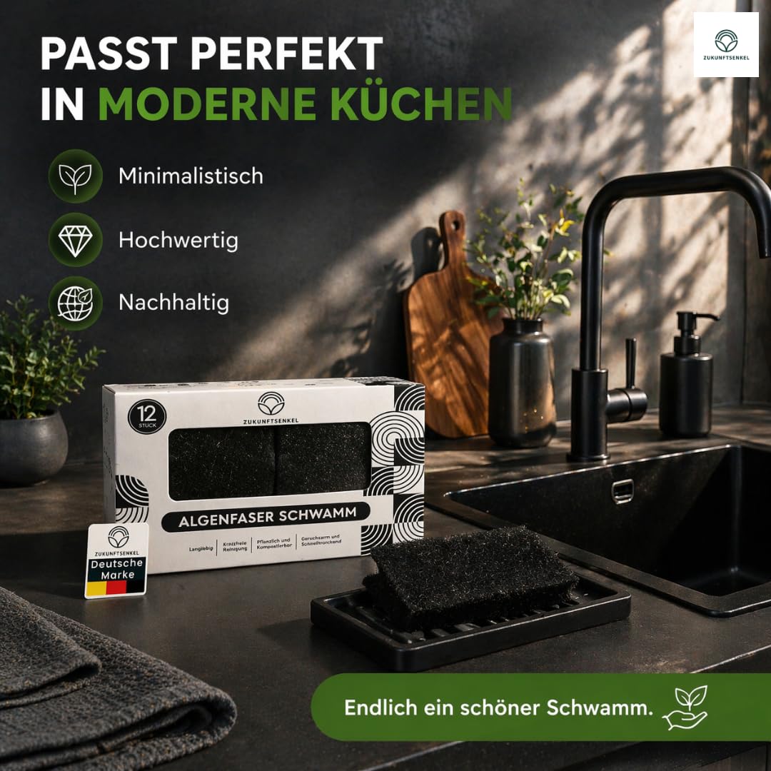 Schwarze Spülschwämme Nachhaltig 12er Pack Schwämme– Biologisch Abbaubare Küchenschwämme aus Algenfaser – Plastikfrei, Kratzfrei & Umweltfreundlich – Naturschwamm für Moderne Küchen (12, Schwarz)