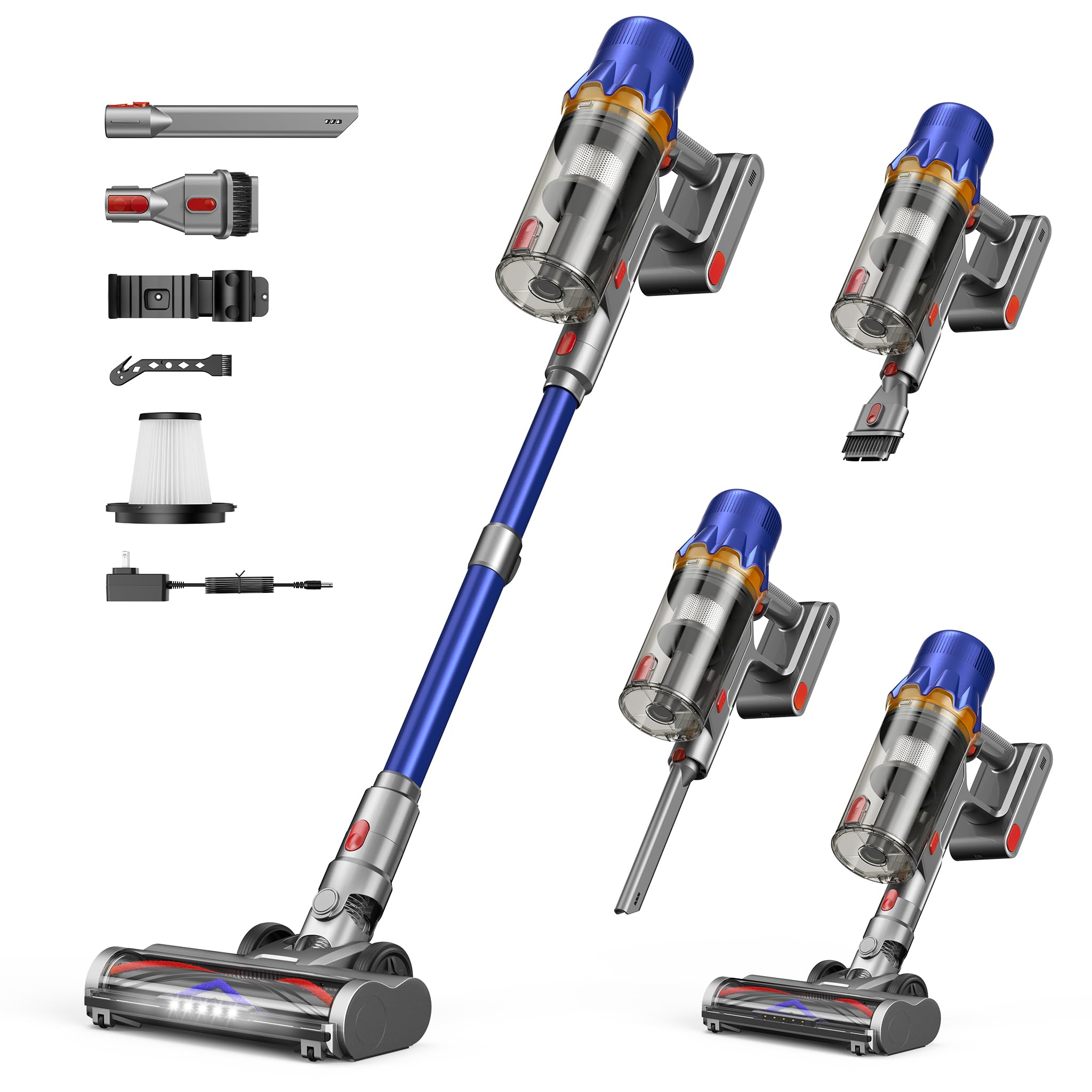 Akku Staubsauger für Zuhause kabelloser Stabstaubsauger: 45K Pa, 550 W, Anti-Tangle-Bürste, HEPA-Filter, 60 Min, Abnehmbare Batterie , LED Licht ,Leichtes gewicht – für Tierhaare, Teppich & Hartböden