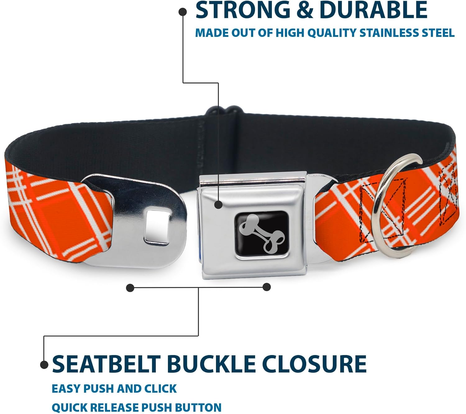 Dog Collar Seatbelt Buckle Plaid X4 Oranges White 18 to 32 Inches 1.5 Inch Wide