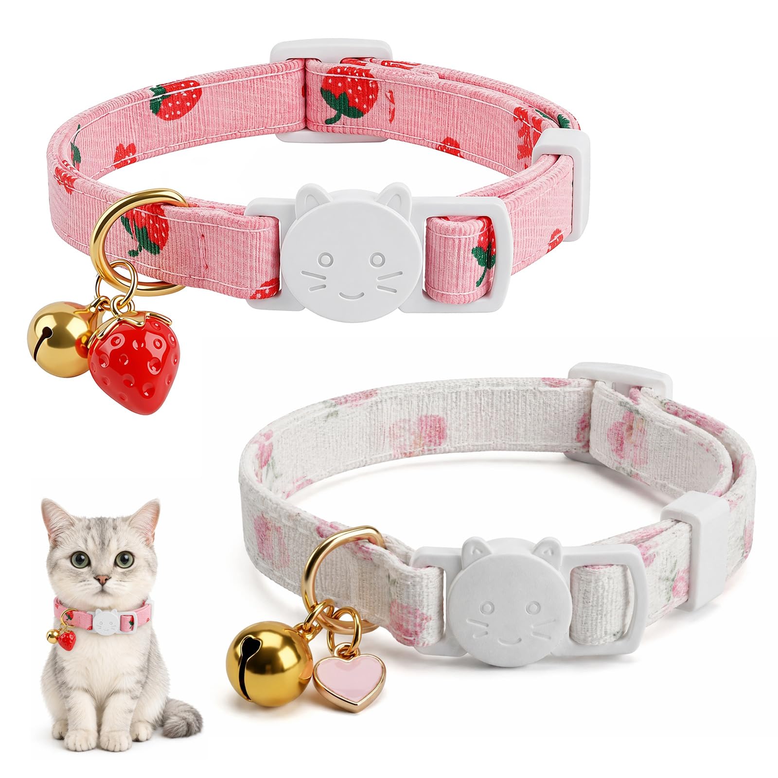 2 Pack Breakaway Cat Collar with Bell, Soft Cotton Adjustable Kitten Collar Quick Release, Cute Cat Collars with Pendant for Cats Kittens