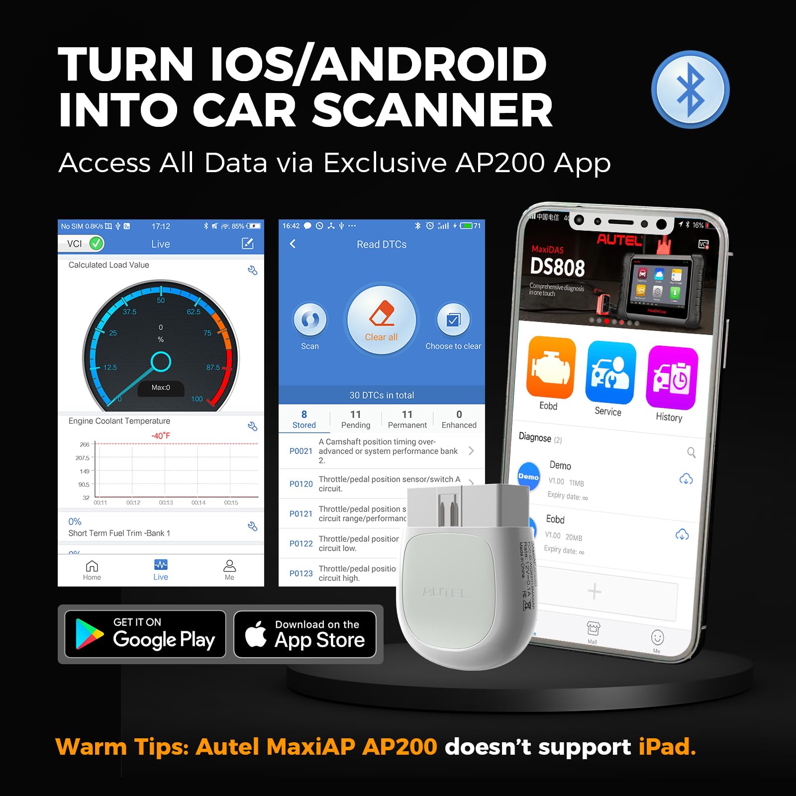 Autel MaxiAP AP200 OBD2 Adaptador de Escáner con Todos los Diagnósticos de Sistema, 19 Funciones Especiales y AutoVIN, IMMO Servicio, Reset/EPB/BMS/SAS/TPMS/FAP(Versión Bluetooth de MaxiCom MK808)
