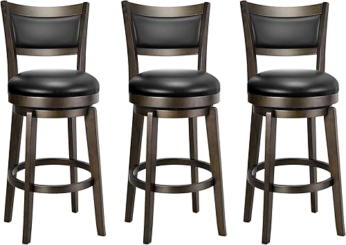 PrimeZone Juego de 3 taburetes de bar giratorios de 26 pulgadas de altura de mostrador, taburete de bar de piel sintética negra con respaldo alto y