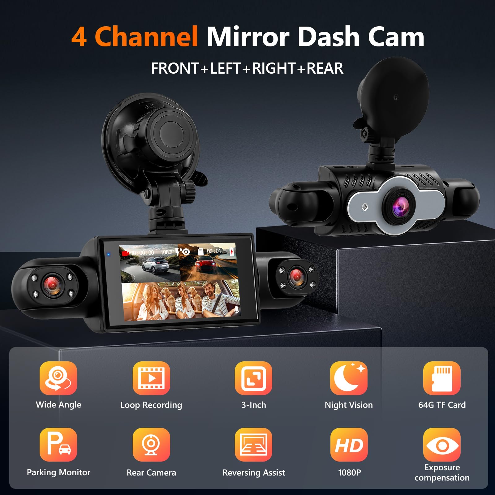 Mirror Dash Cam 4 Channel Front Rear, 3 inch Rückspiegel Kamera mit G-Sensor/Parking Monitoring/Night Vision 360 Grad Schutz+ 64GB Karte