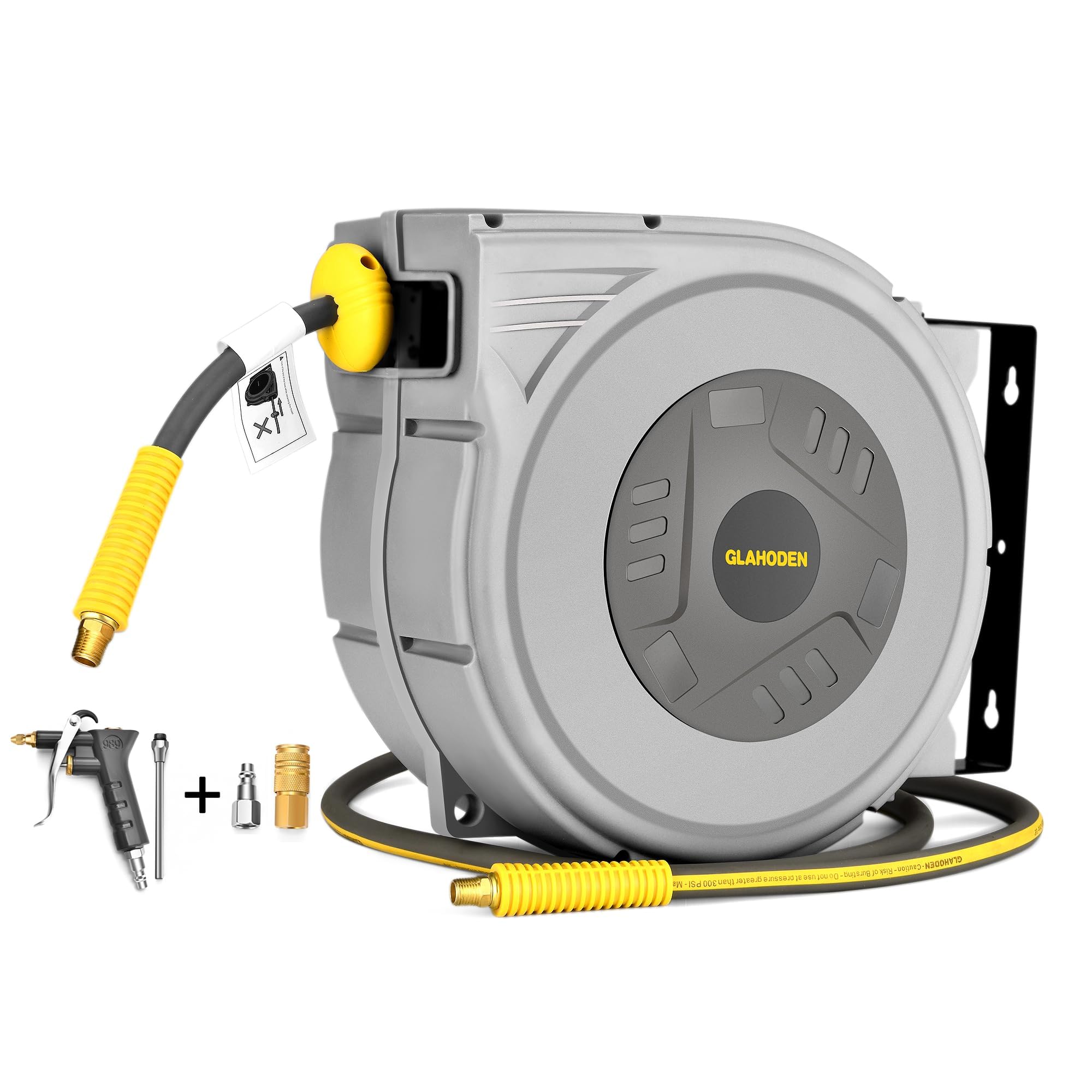 glahoden enclosed retractable air hose reel, 3/8 in x 80 ft hybrid hose air compressor hose reel with 6 ft lead in max 300 psi patented design for any length lock 180°swivel bracket quick coupler