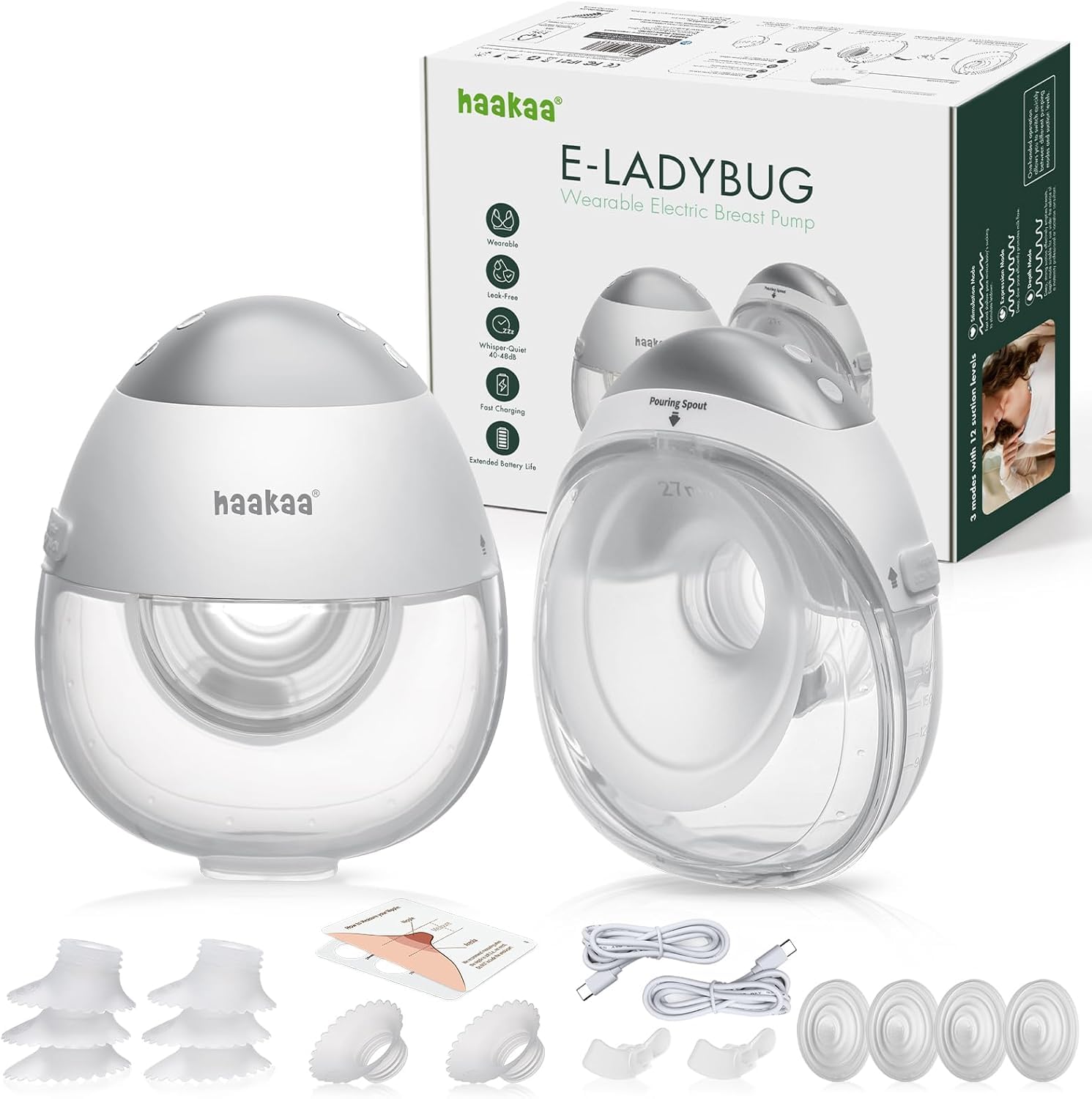 Sacaleches Eléctrico Pack 2 Uds. Portátil Manos Libres, Extractor de Leche Doble Inalámbrico y Silencioso con Pantalla LED, 2 Modos y 9 Niveles, Recargable USB-C - Haakaa