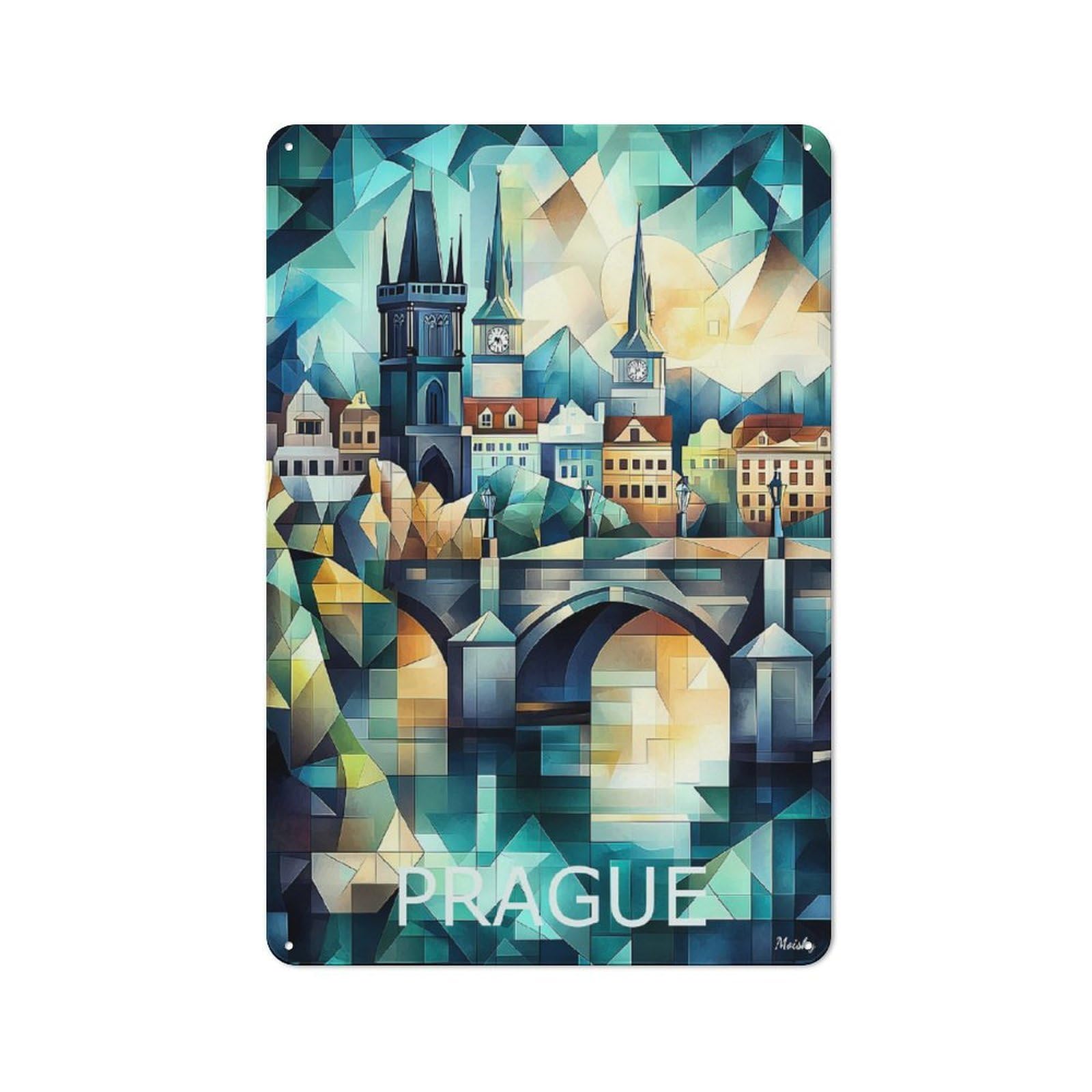 Junmoney Prague Geometric Skyline Art - Charles Bridge Metal Wall Sign With Cityscape Design 30X20cm, Garage Style Industrial Wall Art For Garage, Hobby Room, Office Or Man Cave