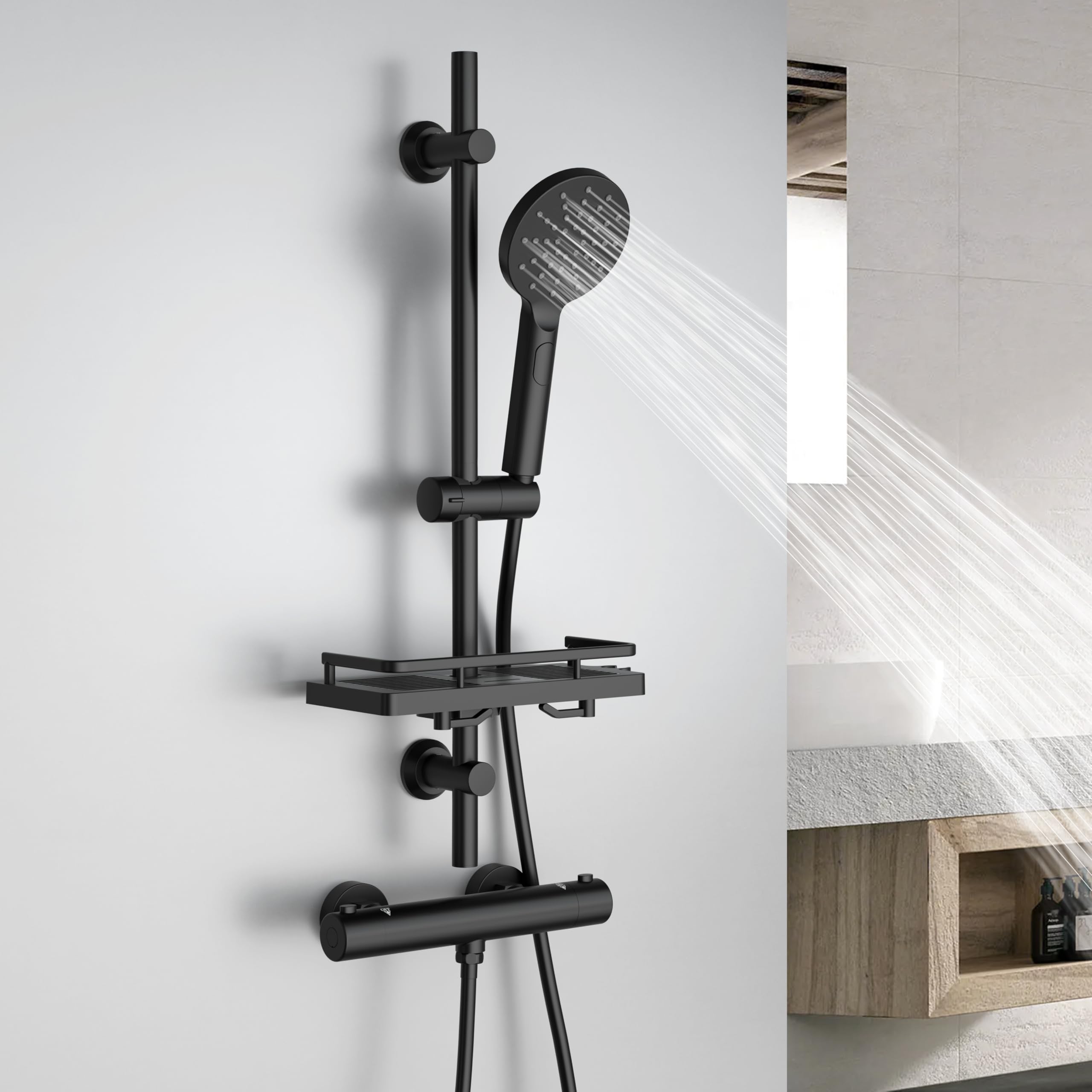 Görbach Colonne de Douche avec Mitigeur Thermostatique, Ensemble de Douche en Acier inoxydable avec Douchette et Tuyau, Barre de Douche 70 cm avec Étagère de Douche, Noir
