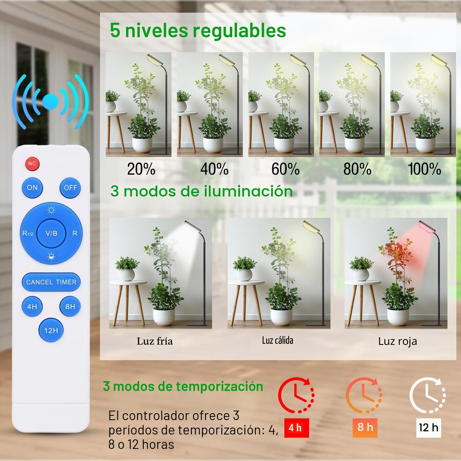 Lámpara de Planta, 246 LEDs Luces de Crecimiento de Espectro Completo, 45-160cm Ajustable en Altura, con Temporizador 4/8/12H, 120 Lúmenes, para Plantas de Interior