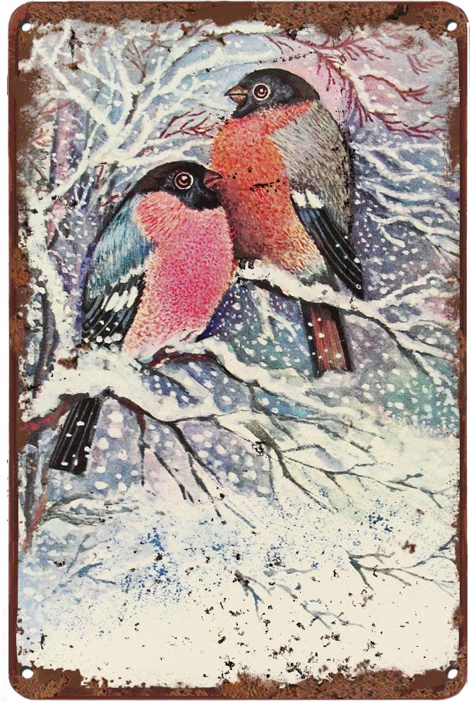 Vintage Tin Sign Winter Forest Bullfinch Metal Sign Retro Wall Decor for Home Cafes Office Store Pubs Club Sign Gift 12x8 INCH Plaque Tin Sign, 12x8 Inch