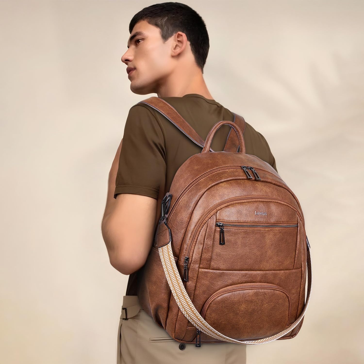 Leresas 35L Backpack Purse for Women Men Vegan Leather Backpack Travel College Work Laptop Computer Bag Business Teacher Backpack Brown