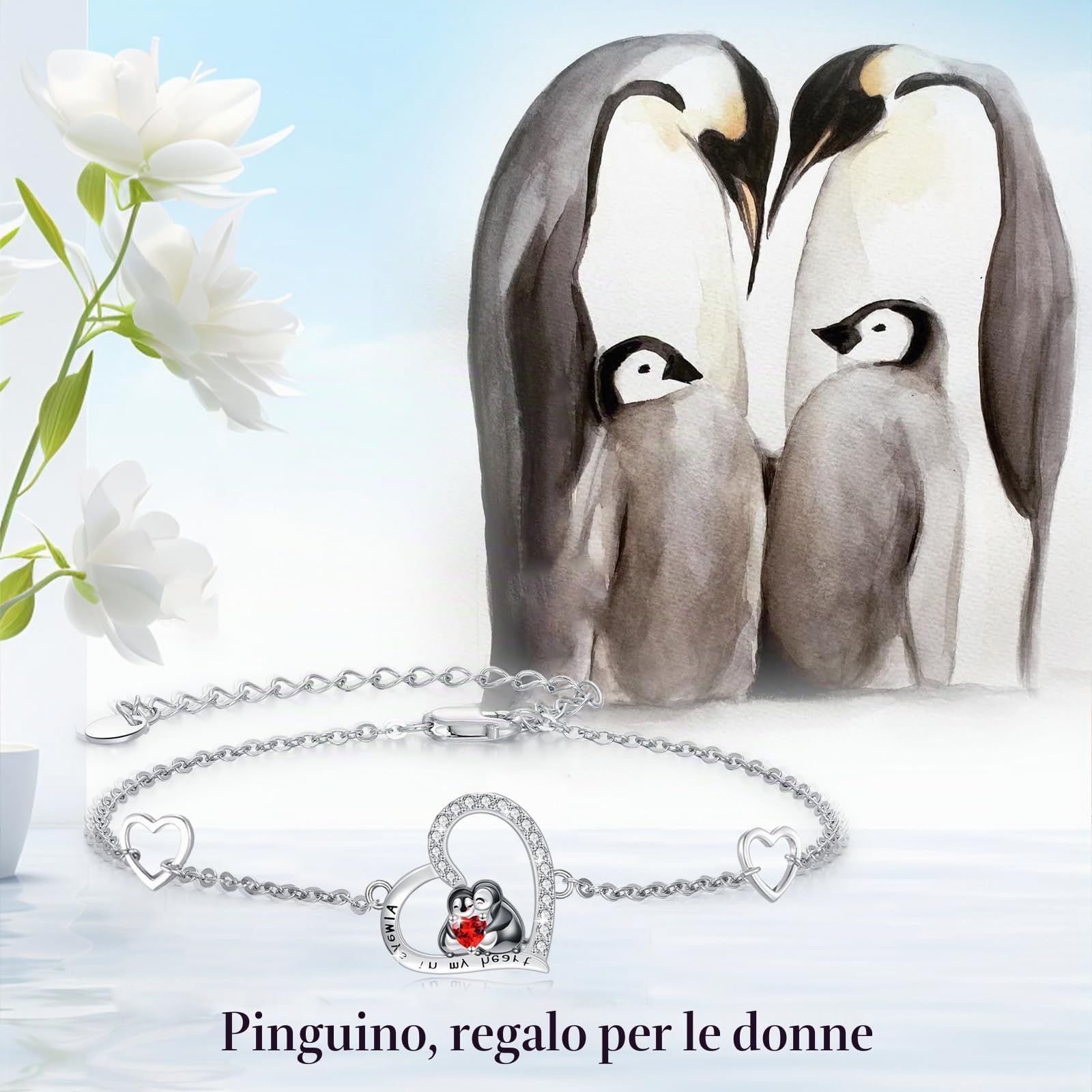 Bracciale con pinguino, in argento Sterling 925, con cuore e pinguino, regalo per donne, ragazze, figlie, sorella, amico, laurea