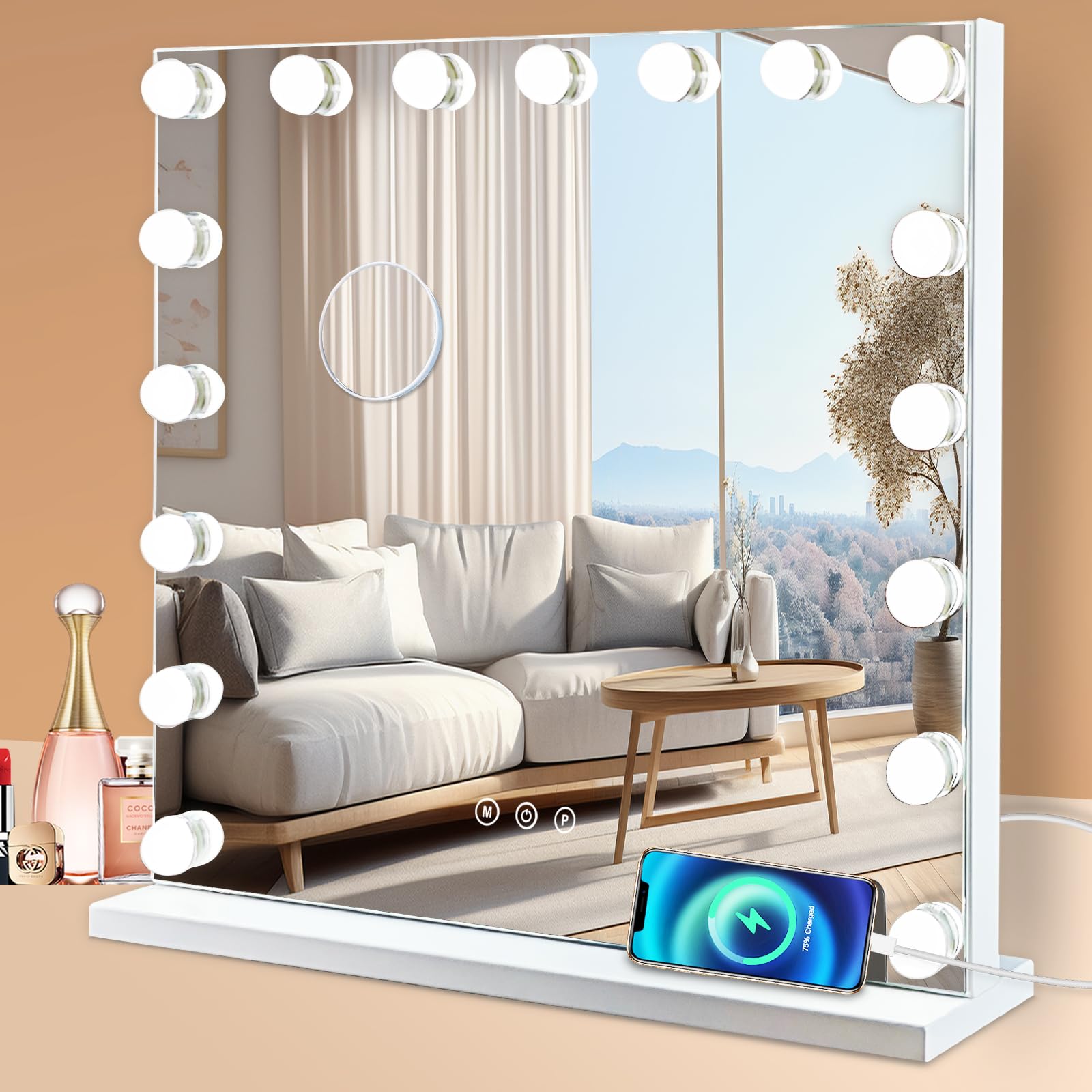 Large Vanity Mirror with Lights 24" x 20" Makeup Mirror Hollywood Mirror with 17 Dimmable LED Bulbs 3 Color Modes 10X Magnification & USB Charging Port Mirror for Wall-Mounted or Tabletop
