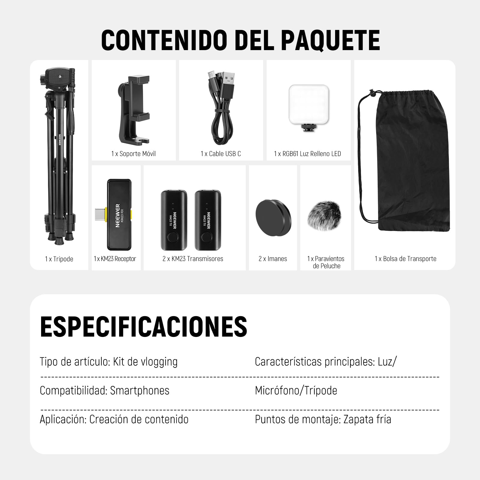 NEEWER BÁSICO PA056 Vlogging Kit para iPhone Android Phone para Youtube TikTok Streaming Cine Grabación, Trípode + Micrófono + Luz LED Relleno, Esenciales para Iniciar la Creación Contenido Youtuber