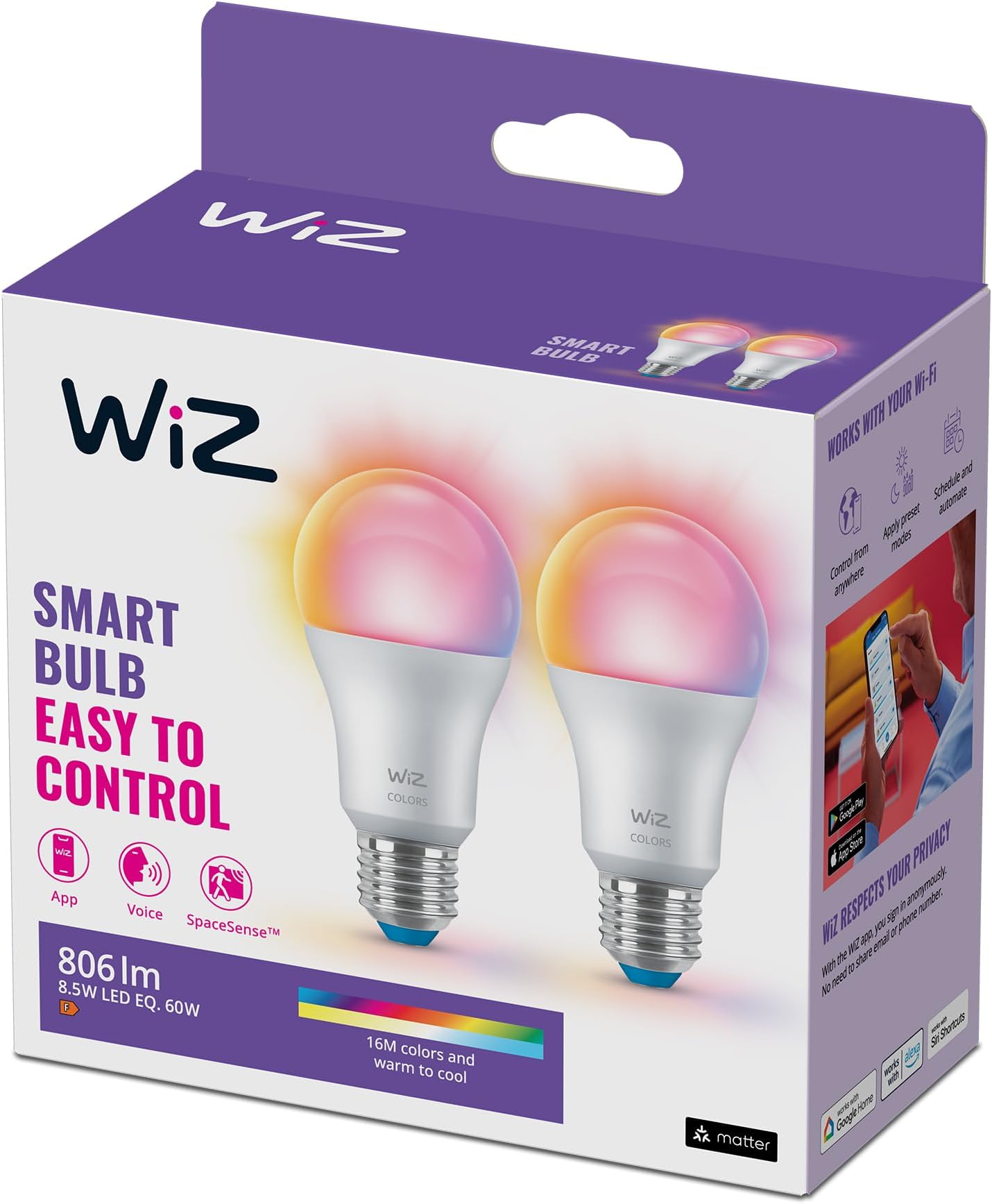 WiZ Smart Colour Bulb, E27, 8.5W, Tunable, Motion Sensor with App, Connected WiFi Works with Alexa, Google Assistant & HomeKit, App Control for Home Indoor Lighting, Bedroom, 2Pack