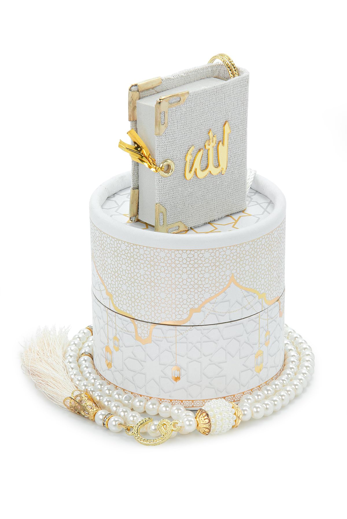 Ihvan Online White Islamic Prayer Cylinder Gift Box With Elegant Velvet Covered Mini Quran & Prayer Beads Tesbih, Misbaha Tasbeeh Sibha 99 Mala Tasbih, Islamic Gift For Ramadan & Mawlid & Eid,